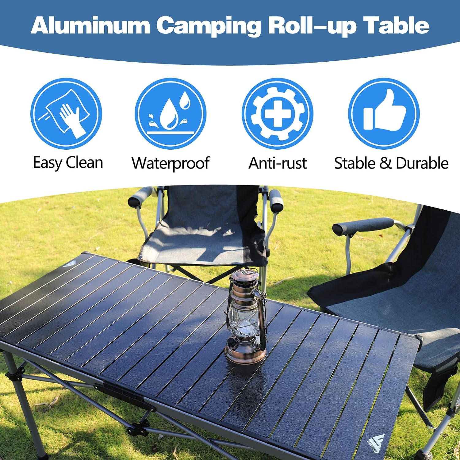 Ablazer Adjustable Aluminum Camping Table, 48.8-Inch Roll-Top
