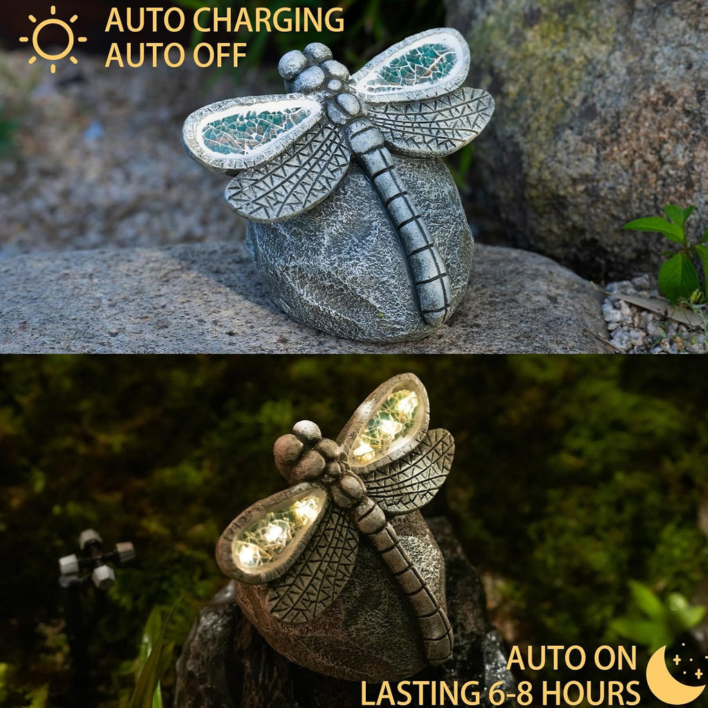 Rezpuao Garden Statue Dragonfly,Solar Dragonfly Decor for Outdoor,Resin Dragonflies Figurine with Solar Light for Patio,Balcony,Yard,Lawn Ornament,Perfect Garden Gift