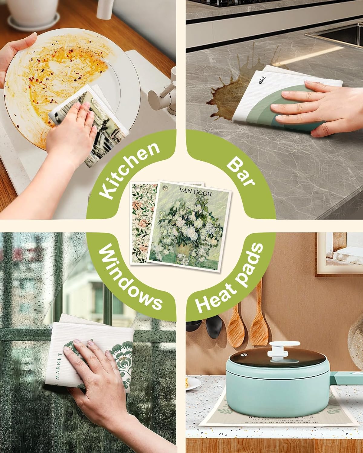 Miss Adola 6 Pack Swedish Dishcloths for Kitchen - Reusable Dish Cloths for Washing Dishes Absorbent Cute Funny Kitchen Towels Cleaning Sponge, Green Artist