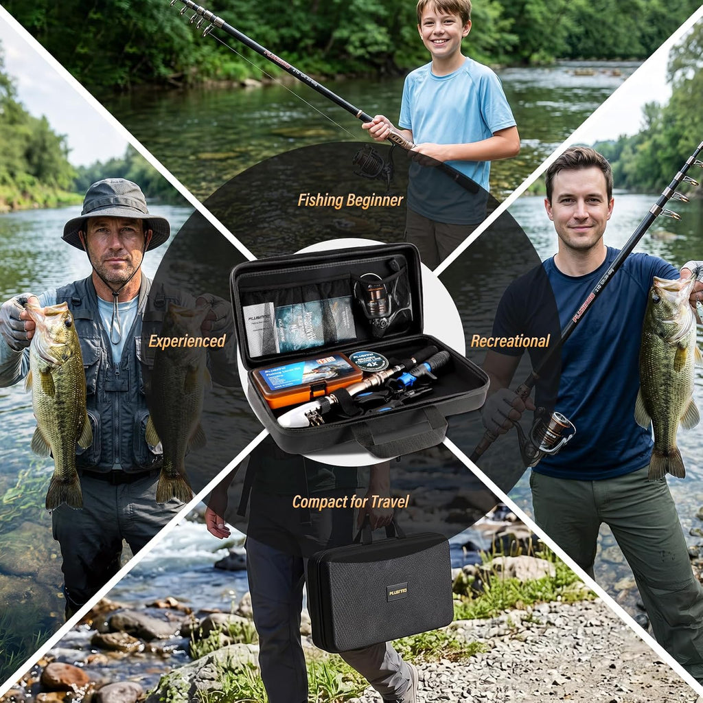 PLUSINNO Fishing Rod and Reel Combo with Telescopic Fishing Pole, Portable Travel Fishing Rods Kit with Tackle Box Carrier Bag & Manuals, Fishing Gear Tool Kit for Freshwater, Fishing Gifts for Men