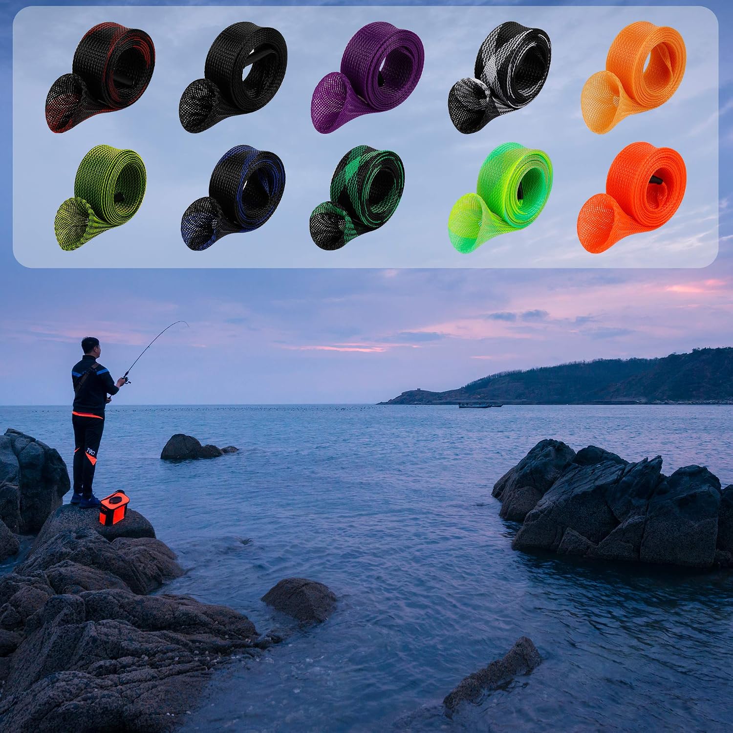 12Pcs Rod Sock Fishing Rod Sleeve, Cover Braided Mesh Rod Protector Pole Gloves Fishing Tools. Flat or Pointed End/Spinning or Casting. for Casting Sea Fishing Rod/Spinning