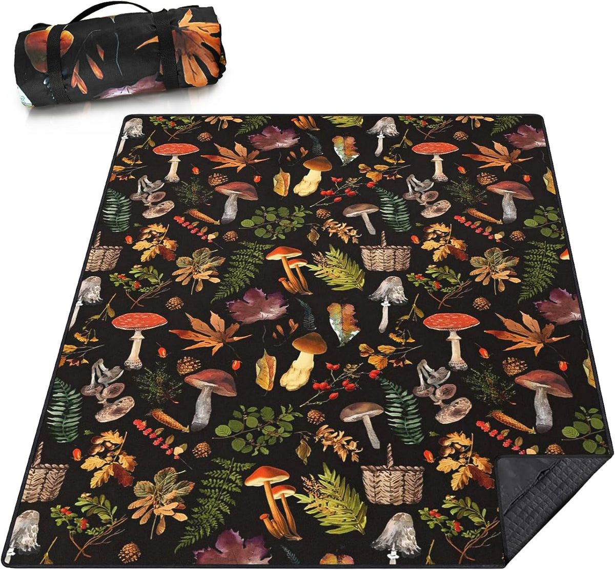 Picnic Blankets Extra Large Waterproof, 80"x 60"Mushroom Beach Mat with Corner Pockets Windproof Sandproof Foldable Portable 3-Layer Mat Darker for Wet Grass,Parks,Music Festival,Camping,Concerts