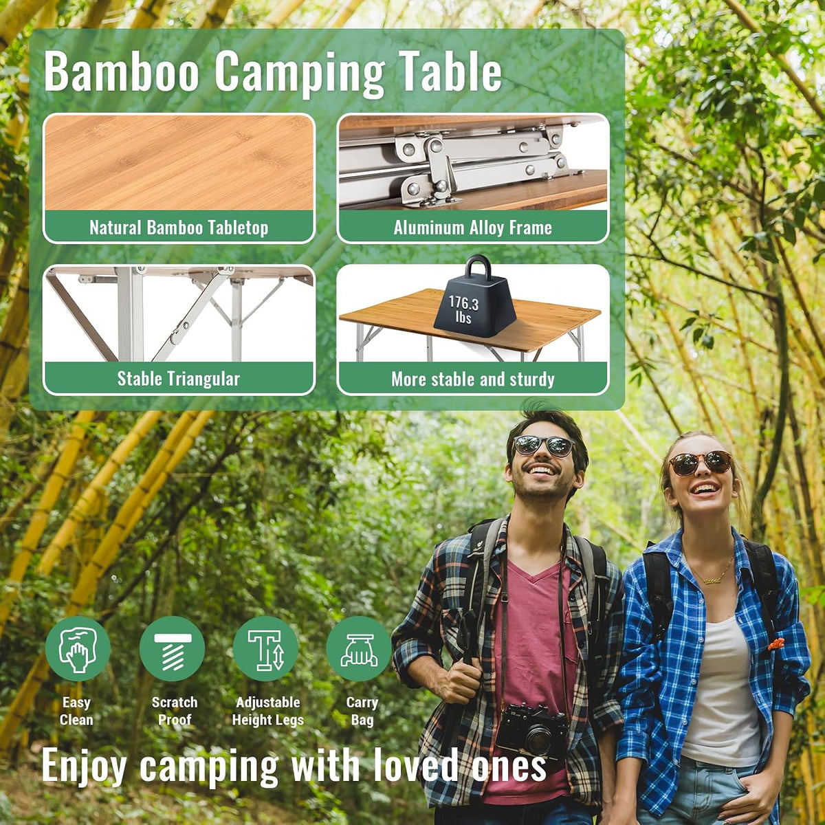 KingCamp Folding Camping Table Bamboo 4-Fold Adjustable Portable Table