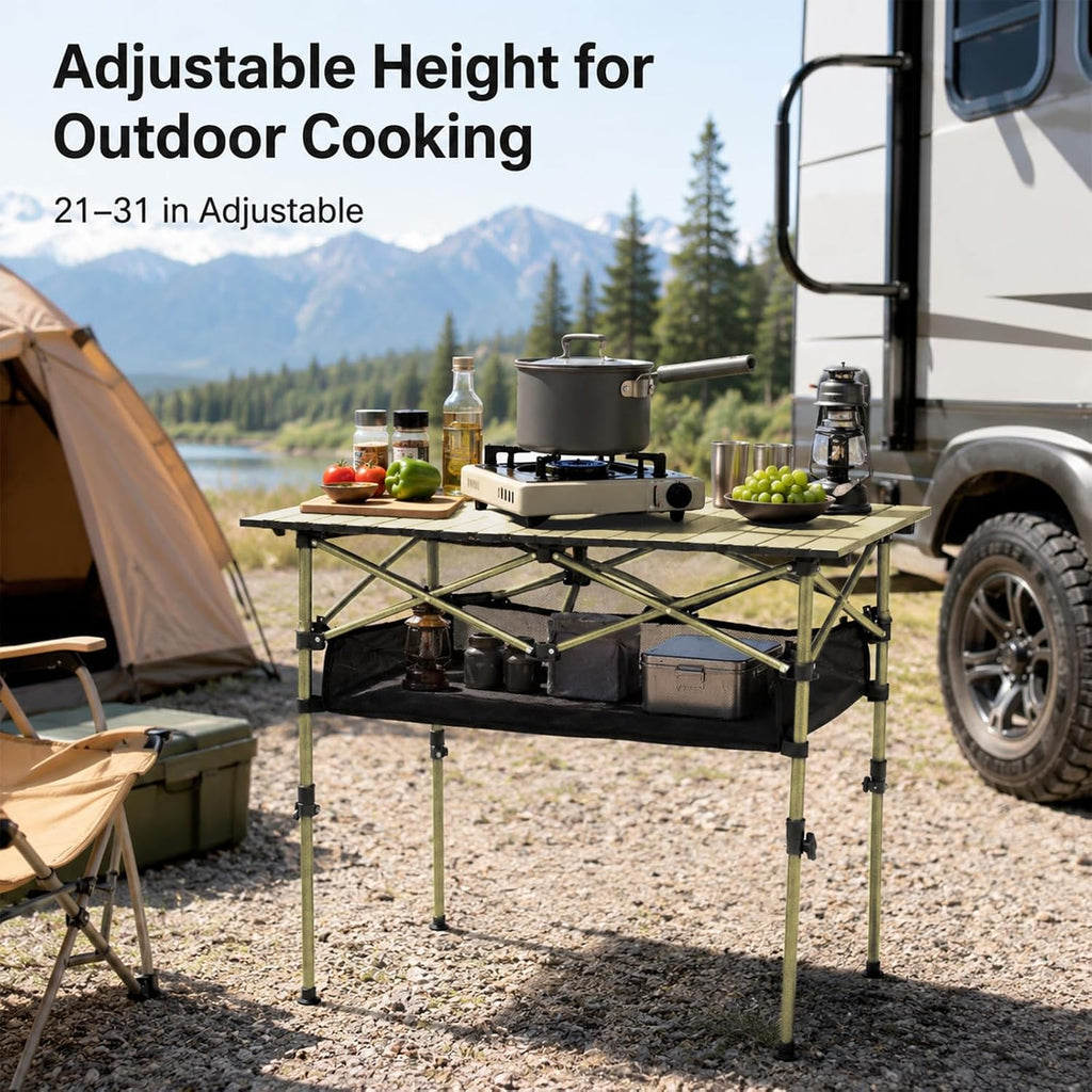 Portable Folding Camping Table, Adjustable Height, Beige, 37 x 21 in