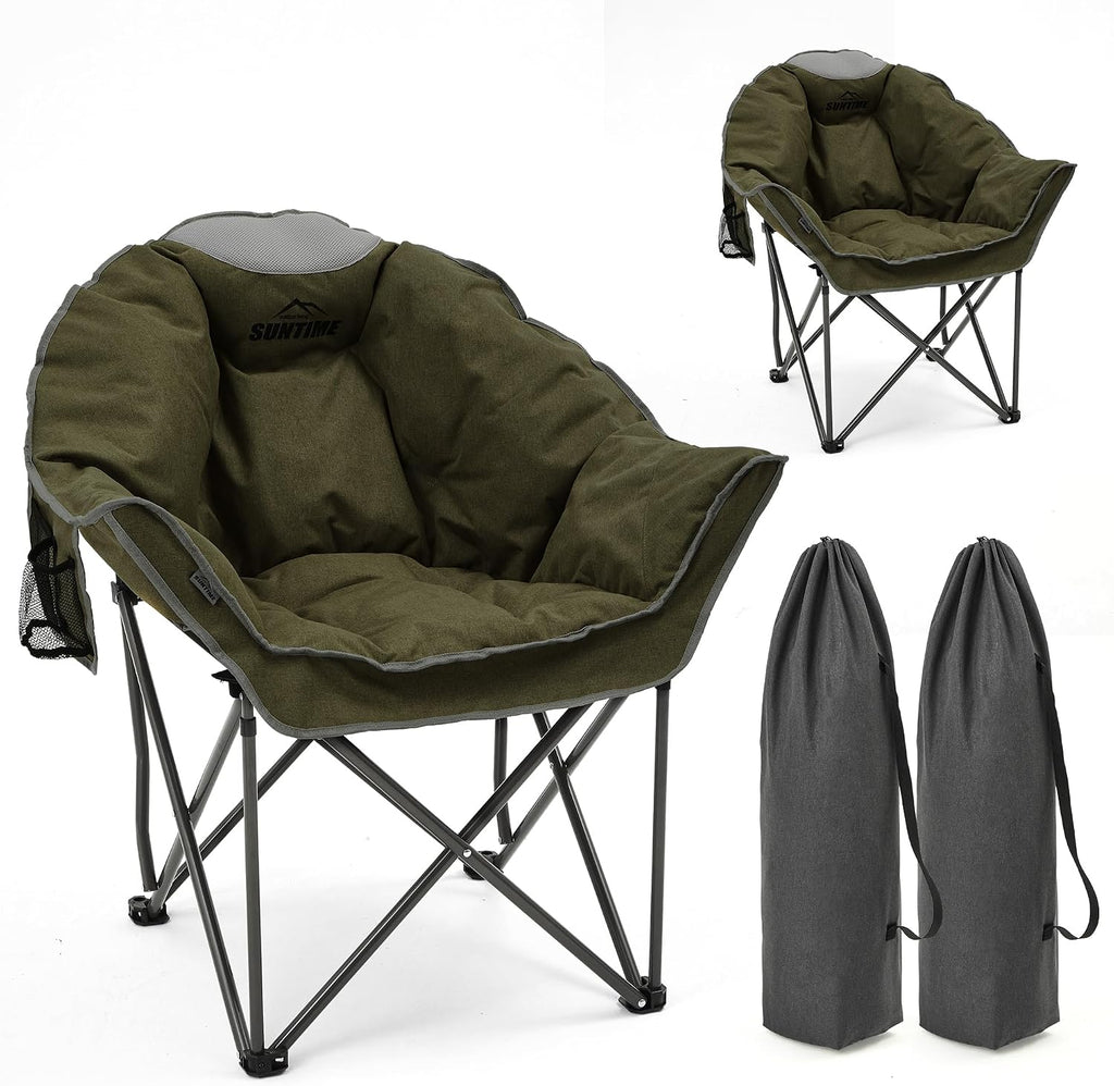 Oversized Padded Comfy Camping Chair for Adults, Portable Padded Lawn Chair, (2 Pack) (Beige)