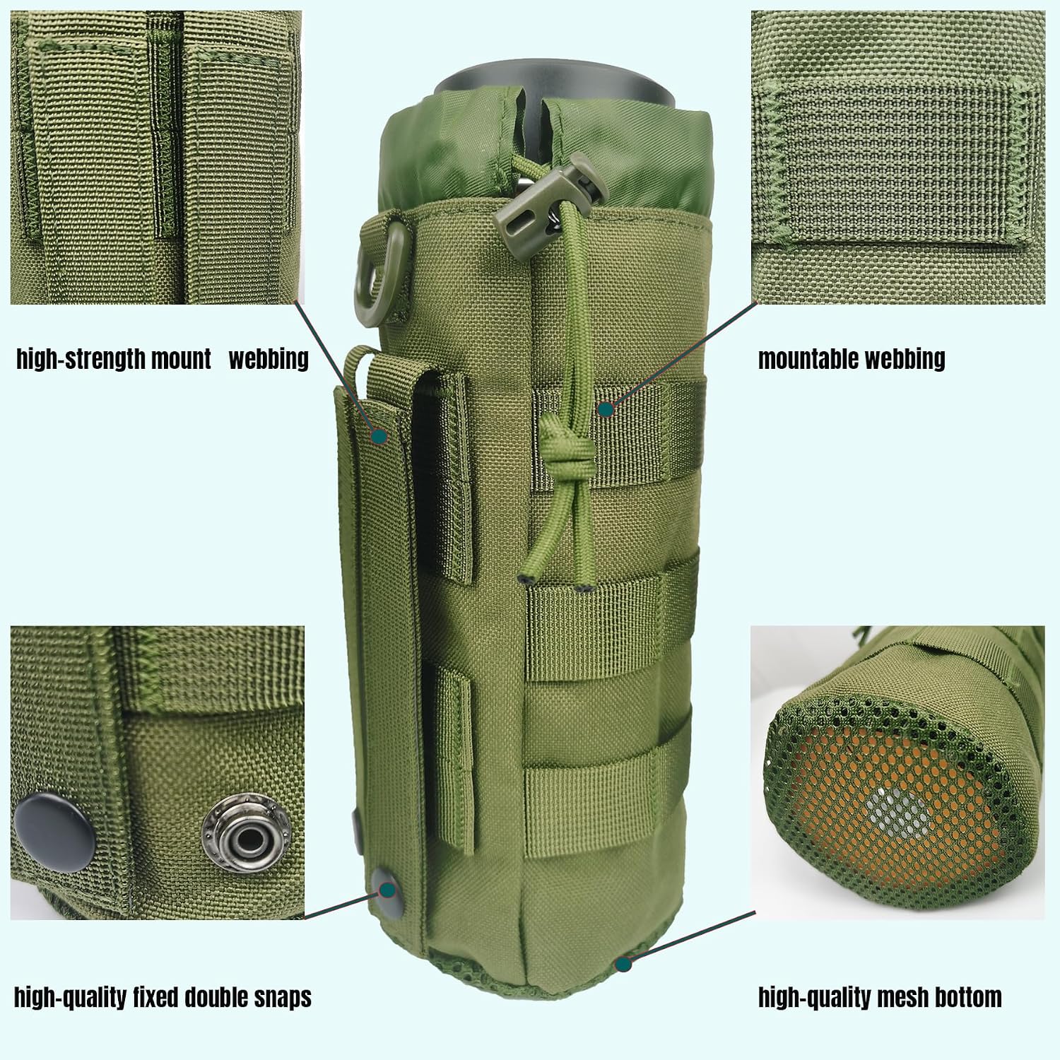 Tactical MOLLE Water Bottle Holder, Upgraded Water Bottle Pouch with Drawstring Open Top & Mesh Bottom, 16/24/25/32oz Water Bottle Carrier Bag with D-Ring Hook for Backpack