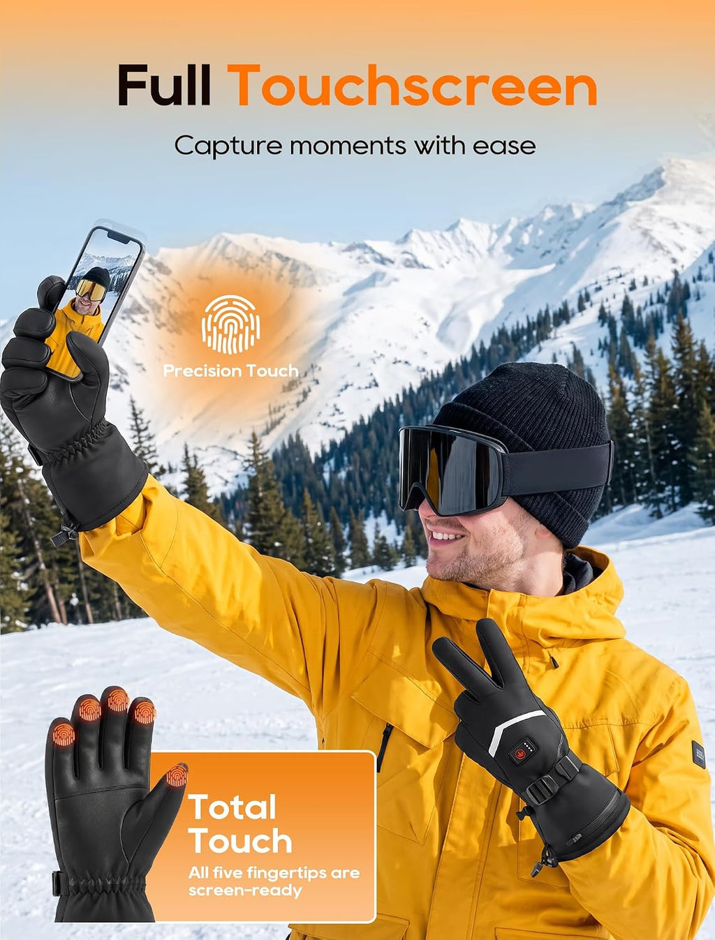 Heated Gloves, Rechargeable Heated Gloves for Men Women, Waterproof Electric Heating Ski Gloves with Touchscreen for Cold Weather Motorcycle Skiing Snowboarding Hiking Hunting Gifts