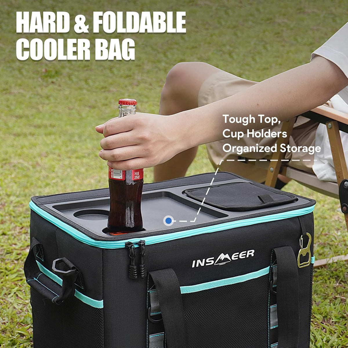 INSMEER Soft Cooler Bag with Hard Shell & 2 Cup Holders, Portable 40L/70 Cans Collapsible Cooler Bags Insulated with Leakproof for Travel, ice chests and Cooler Lunch Box for Beach Camping Picnic