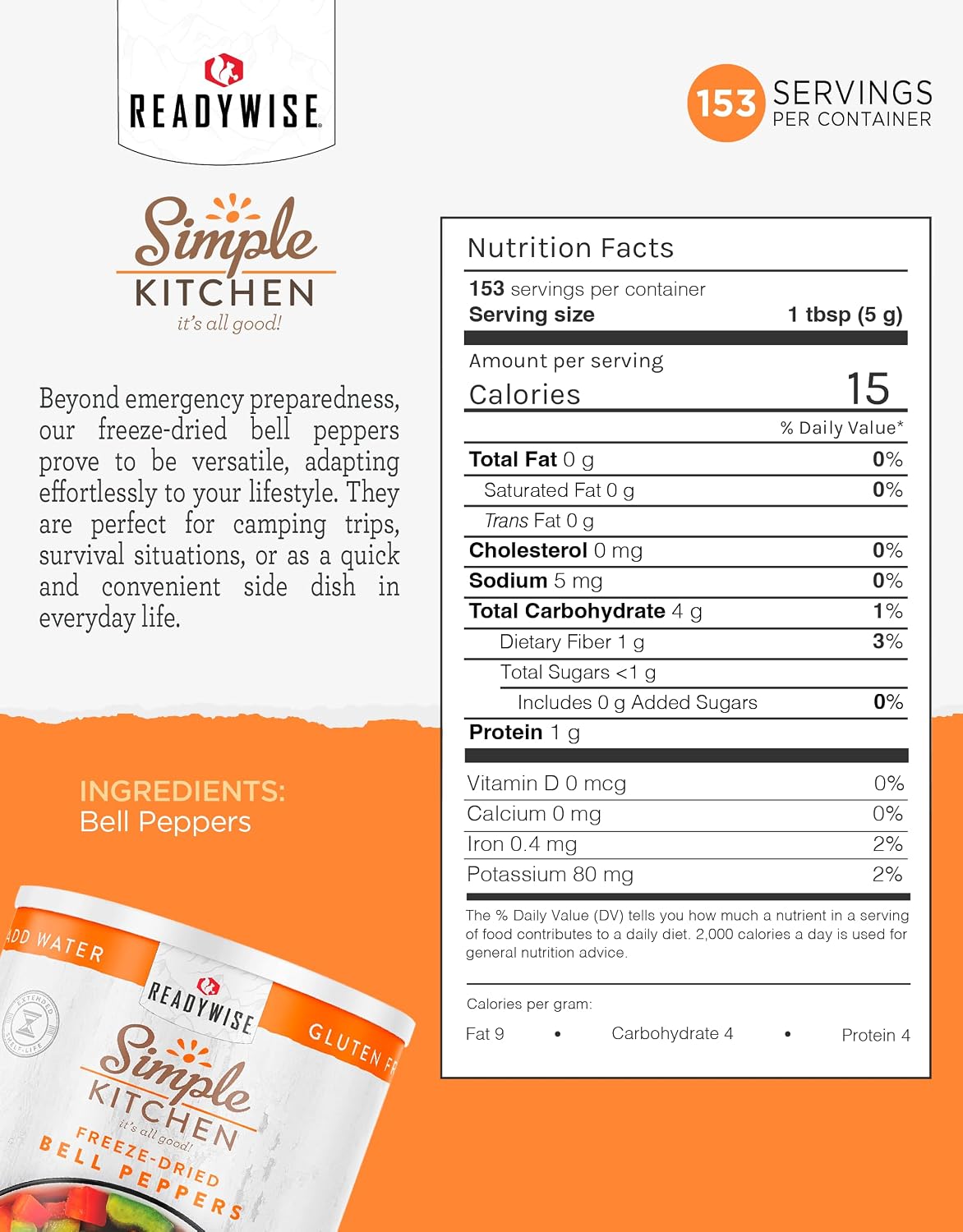 SIMPLE KITCHEN Dehydrated Bell Peppers #10 Can, 153 Servings, Camping Food