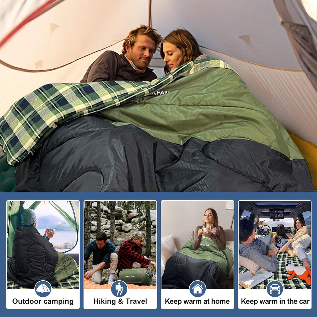 Double Sleeping Bag for Adults Machine Washable 2 Person Camping Sleeping Bag Queen Size Waterproof with Compression Sack for Cold Weather 3-4 Seasons