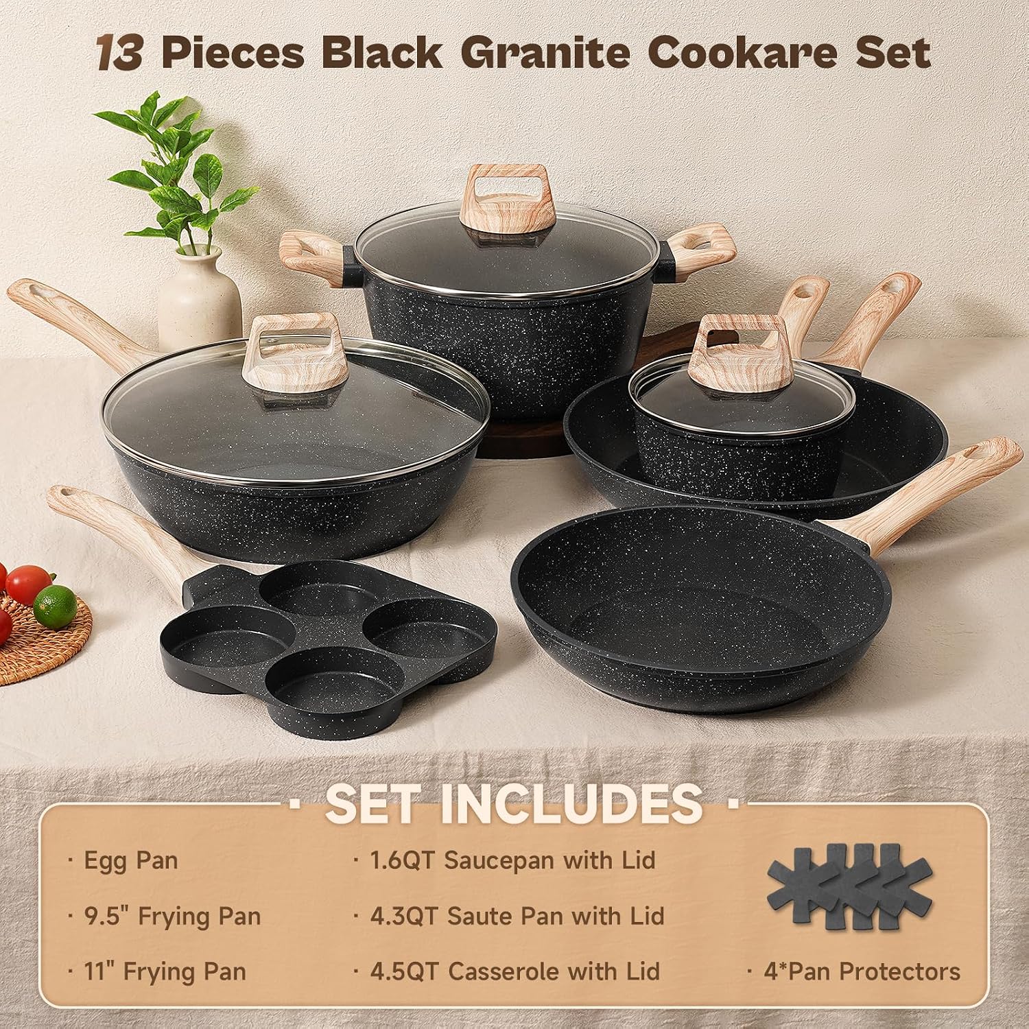 SODAY Pots and Pans Set Non Stick, 13Pcs Black Granite Induction Cookware