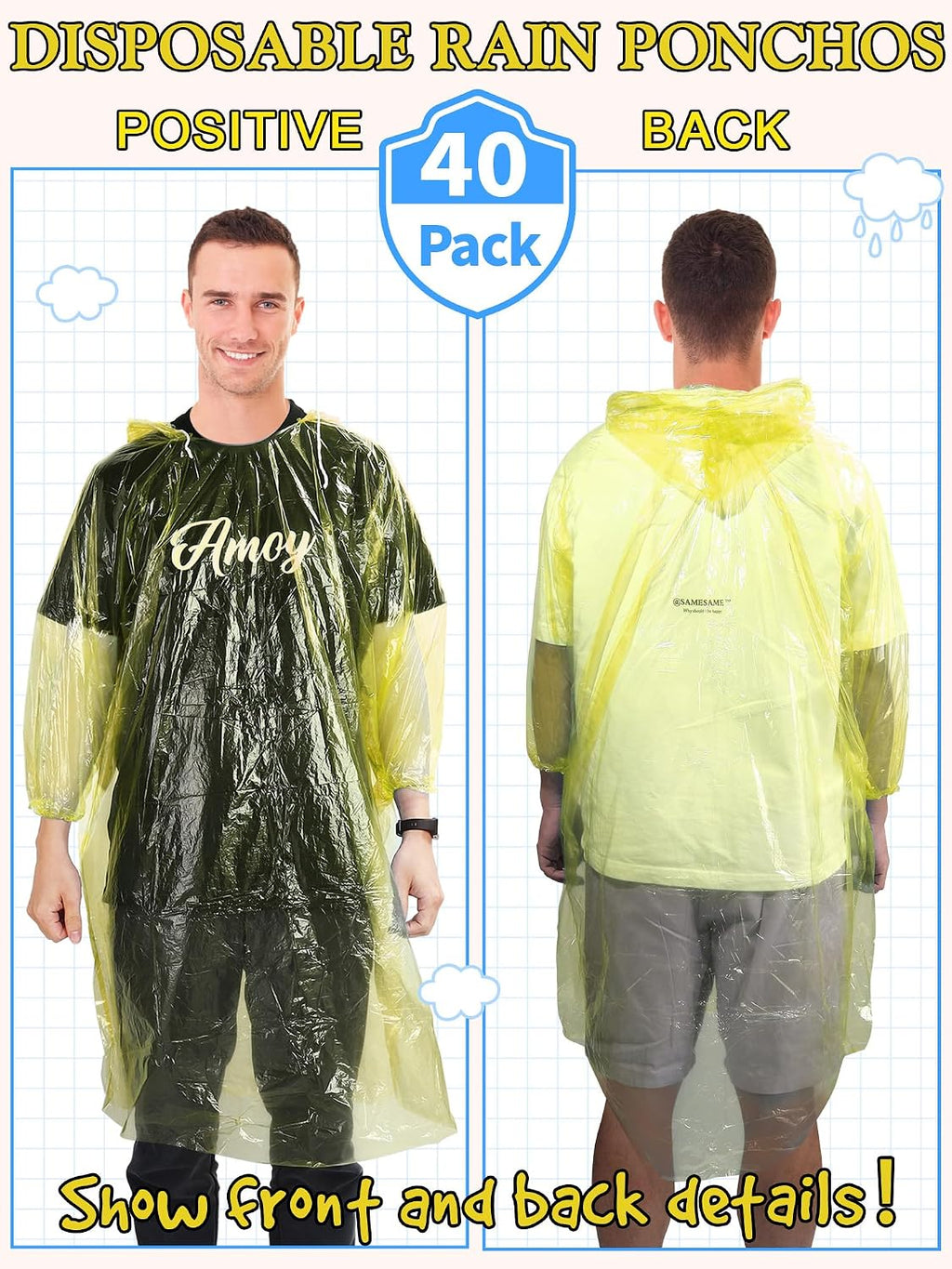 Tarpop 40 Pack Disposable Rain Ponchos Adult Drawstring Hood