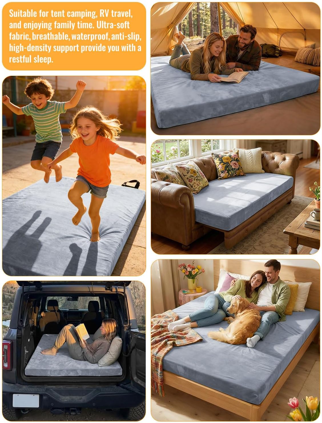 Memory Foam Camping Mattress, Ventilated Breathable Design CertiPUR-US & Oeko-TEX Certified Sleeping Pad Waterproof 3inch Non-Slip Portable Sleeping Camping Mat with Storage Bag for Car Travel