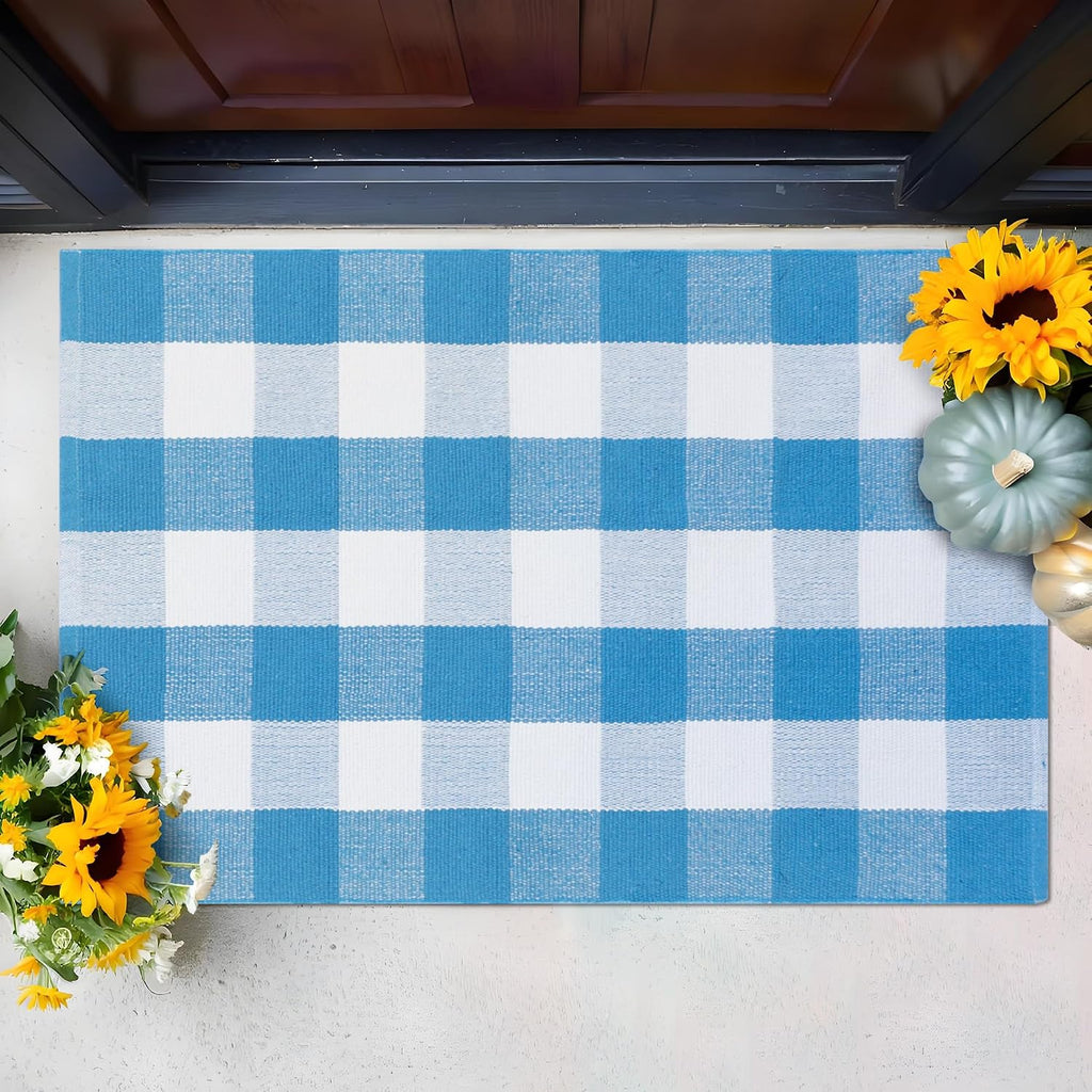 Buffalo Plaid Outdoor Rugs, 4'x6' Blue and White Checkered Indoor Outdoor Area Rug, Layering Rug for Welcome Door Mat, Washable Cotton Woven Farmhouse Mat for Spring Easter Front Porch Décor