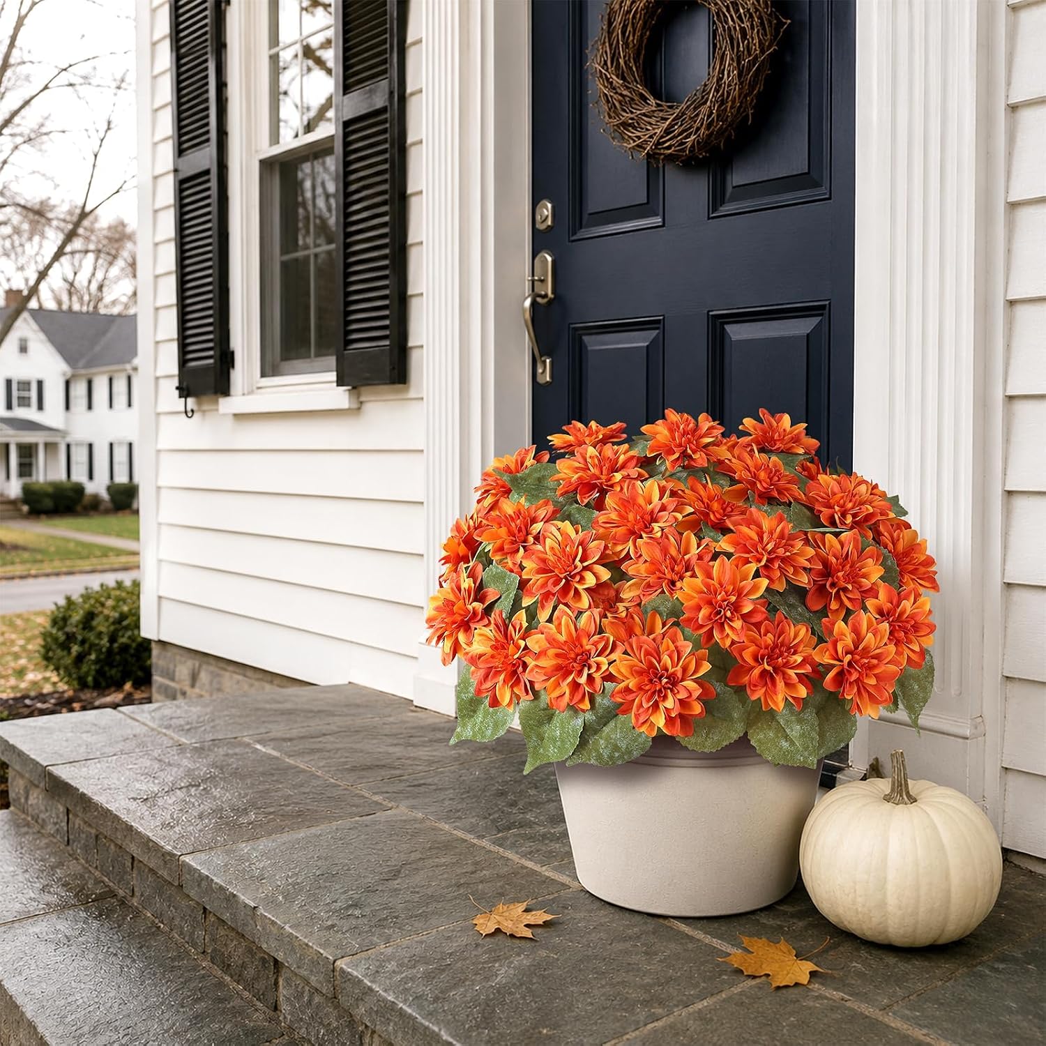 2 Set Fall Artificial Dahlia Topiary Ball Trees for Front Porch (Orange)