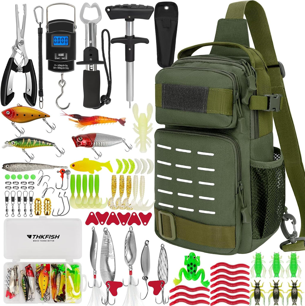 THKFISH 85Pcs Fishing Tool Kit, Fishing Backpack with Tackle Boxes Included, Fishing Tackle Kit Include Fishing Bait Lure Gear Kit, Fishing Pliers, Fish Hook Remover, Lip Gripper