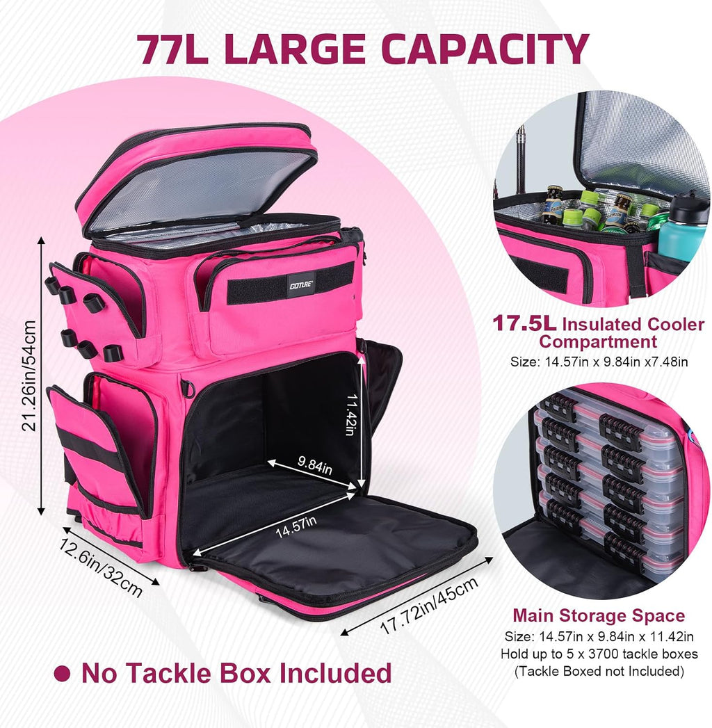 Goture Fishing Backpack with Cooler,77L Large Tackle Backpack &Rod Holders