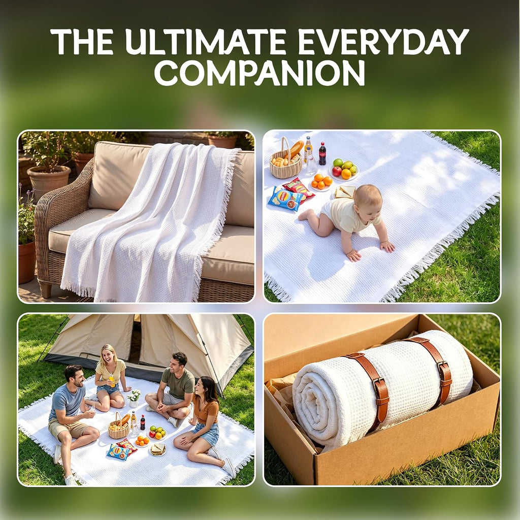 Boho Picnic Blanket with Leather Carry Strap, Extra Large White Outdoor Blanket with Fringe, Portable Sandproof Beach Mat for Camping, Park, Lawn & Photoshoot (71"x 71") (71 x 71 inches)