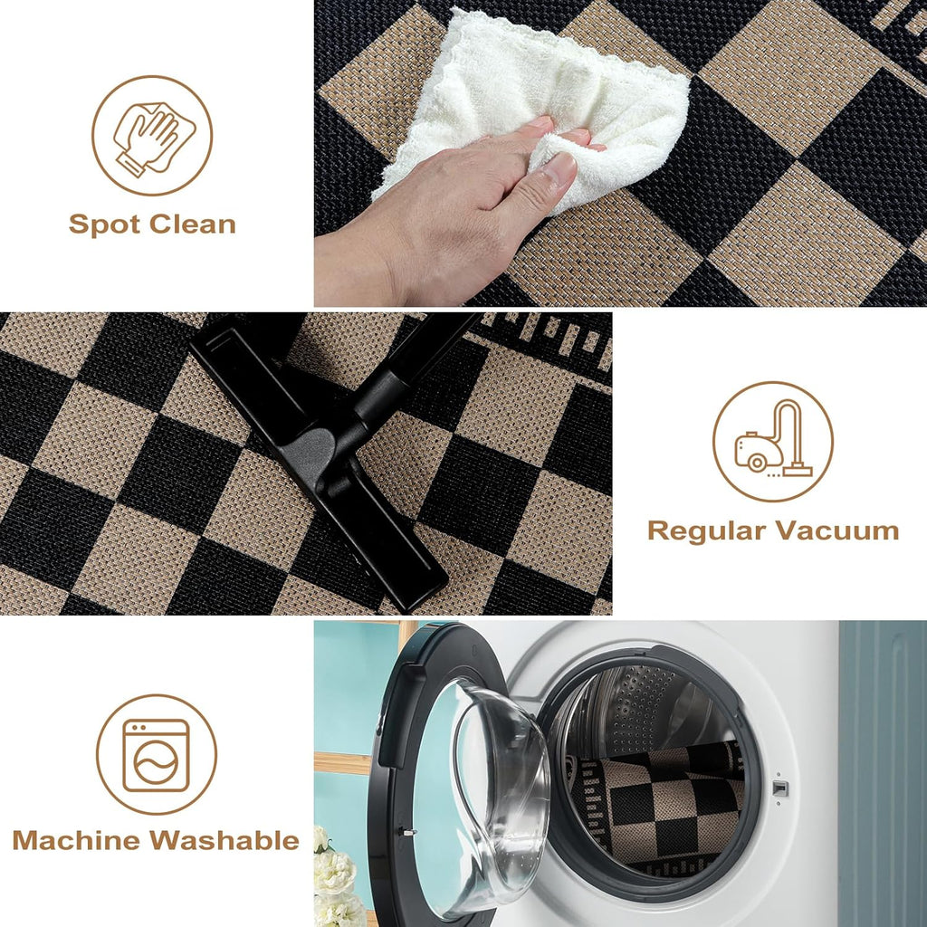 Checkered Easy Jute 3x5 Outdoor Patio Rug, Washable Rugs for Entryway Indoor Outdoor Area Rug Black Kitchen Rugs, Non-Slip Farmhouse Neutral Rug for Balcony Backyard