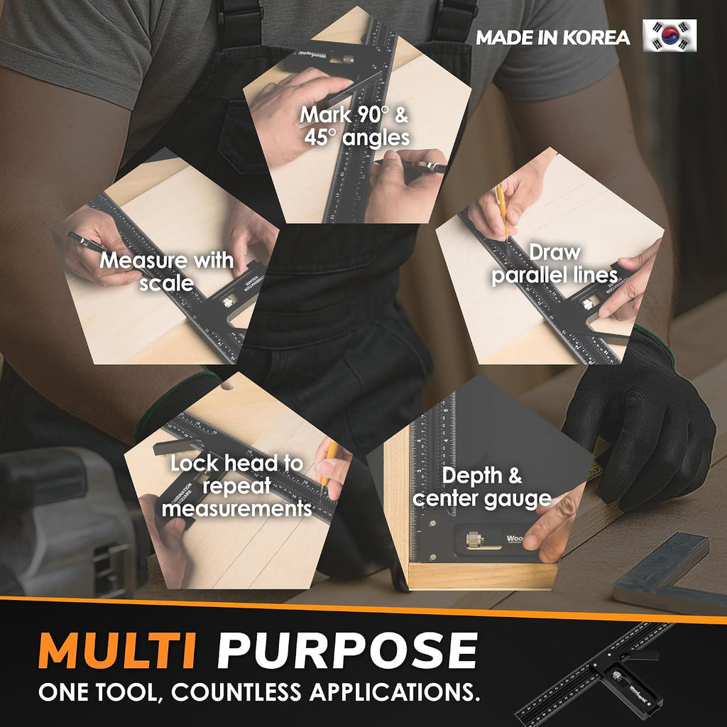 Combination Square for Woodworking – 8 Inch Triangle Ruler with Side Scale | CNC-Machined Aluminum Precision Layout Tool | 90 Degree Right Angle Framing & Marking Square