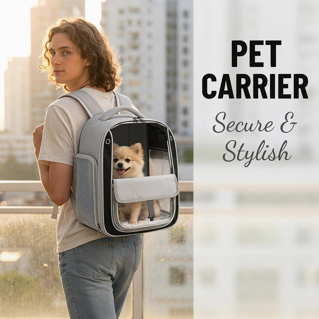 Pet Carrier Backpack for Cats and Small Dogs, Transparent PC Window, Breathable Mesh Sides, Front Pocket, Comfortable Padded Straps