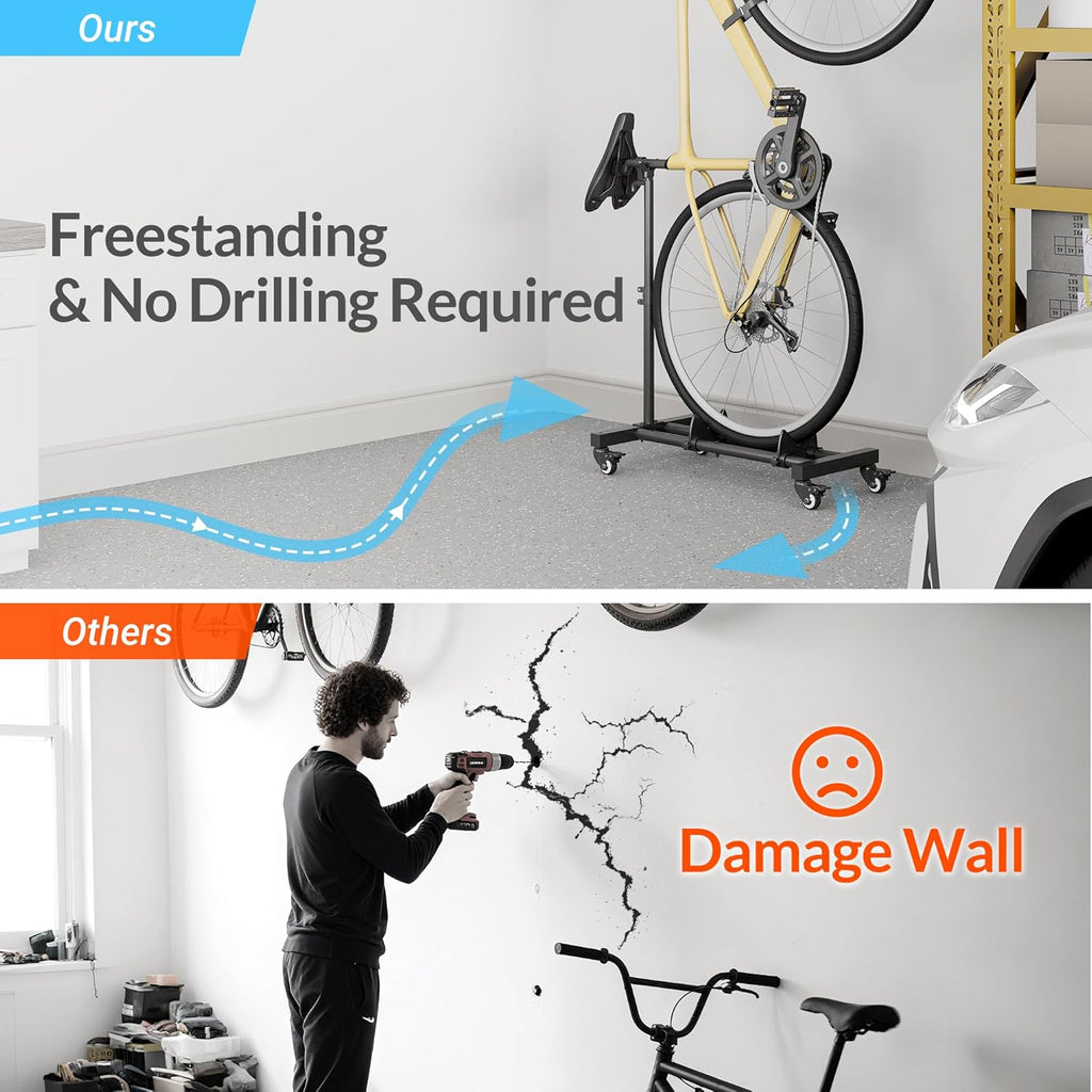 Vertical Bike Stand, Freestanding Bike Rack for Garage Storage, Upright Bicycle Floor Stand with Adjustable Height and 360° Rolling Wheels, Space Saving Indoor Bike Holder for 24"-29" Standard Bikes