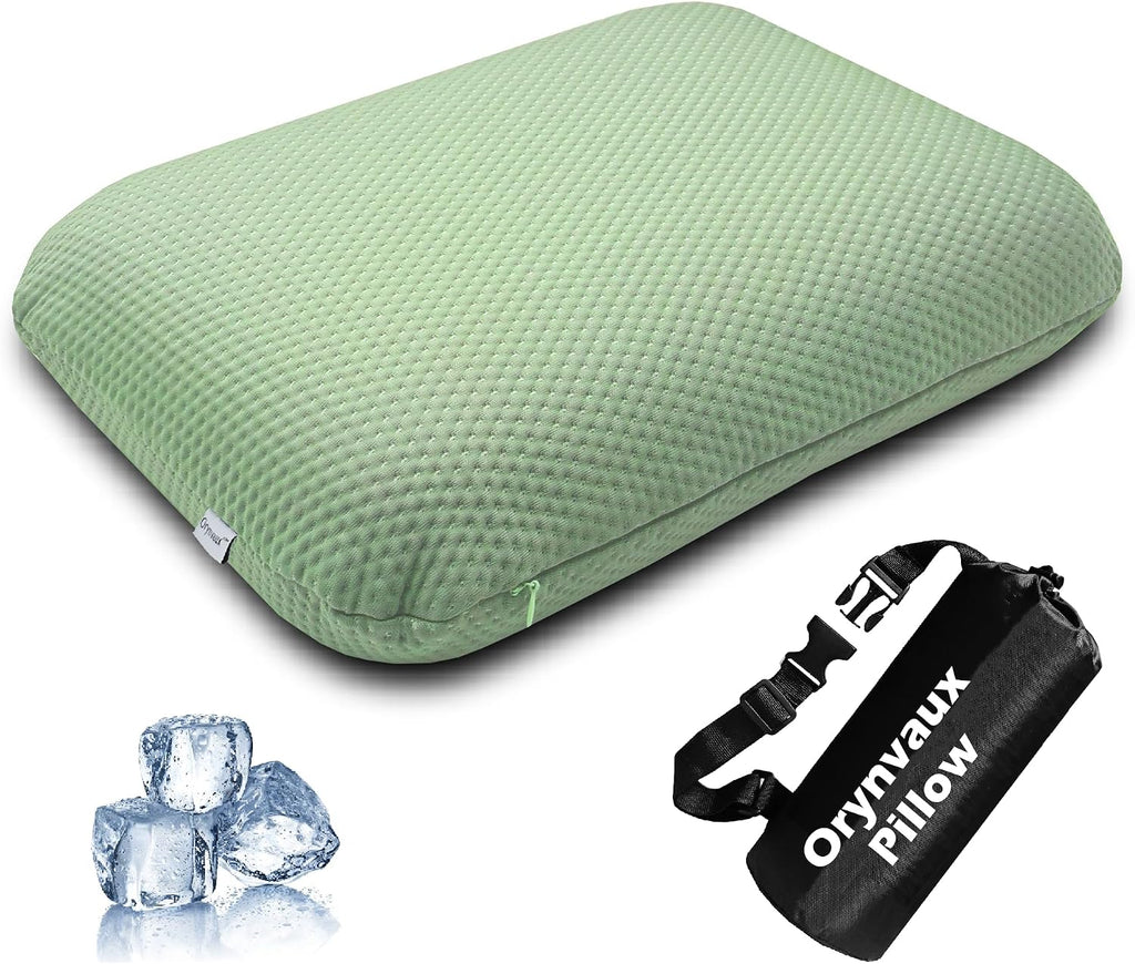 Cooling Travel Pillow, Small Memory Foam Camping Pillow with Adjustable Buckle Strap & Storage Bag, Compact Small Pillow for Airplane, Car Lumbar, Office, Washable Cooling Cover, Canopy Green