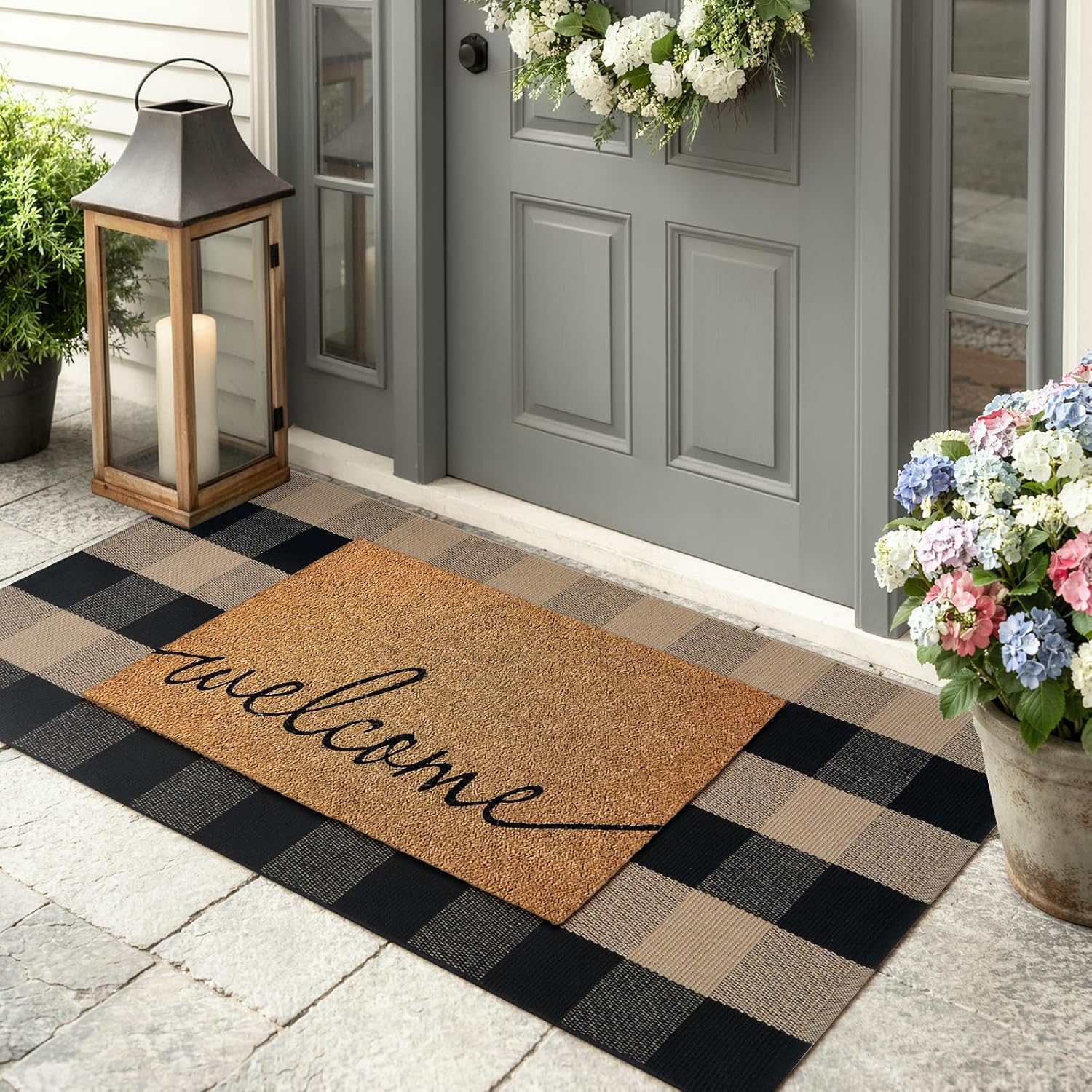 Fall Front Door Mat 24"x51" Buffalo Plaid Checkered Outdoor Rug