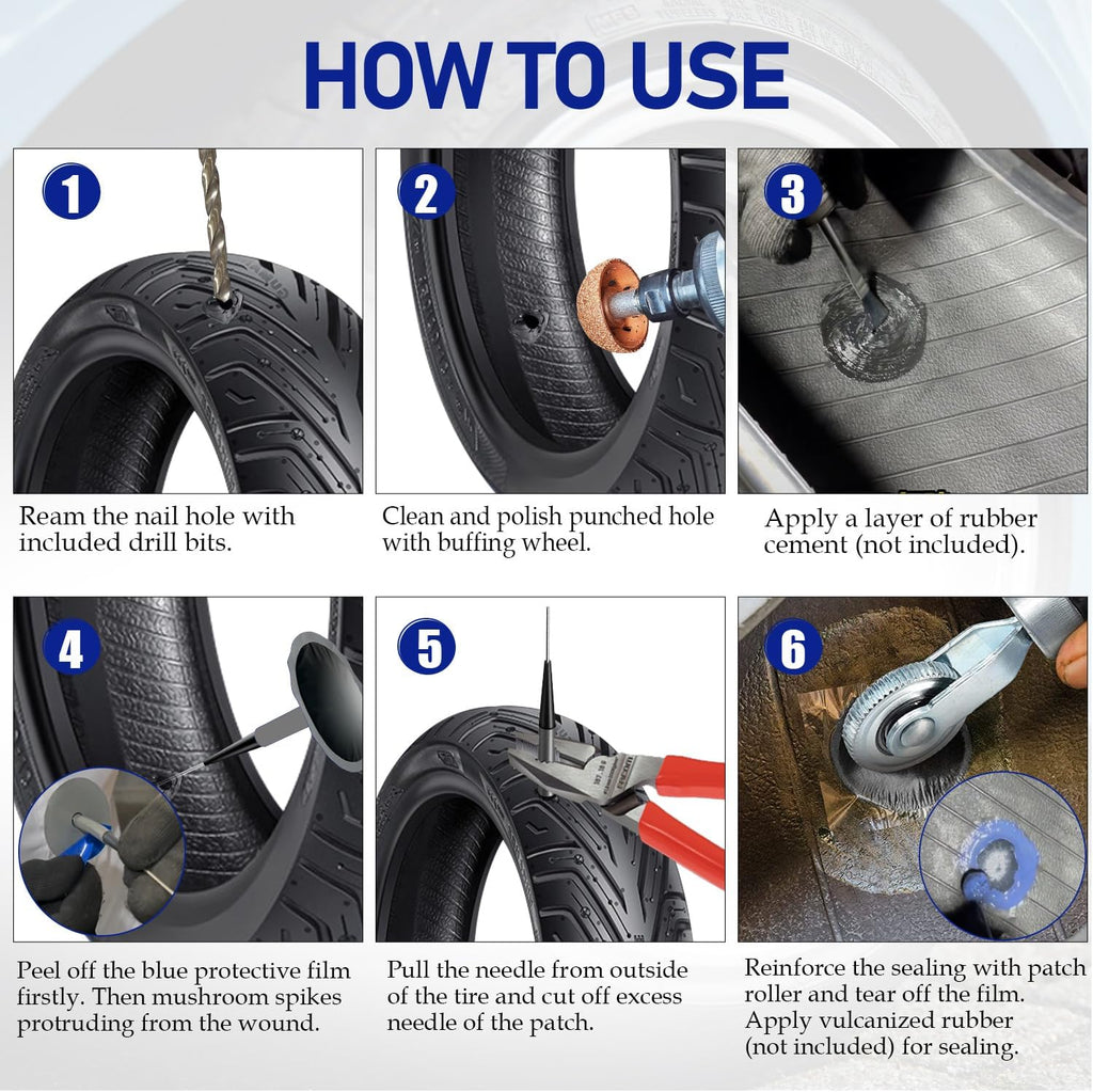 Tire Repair Patch Tool Kit Including 24pcs Tire Patch Plugs, Tungsten Buffing Wheel, Tire Patch Roller with 4mm Twist Drill Bits for Vehicle