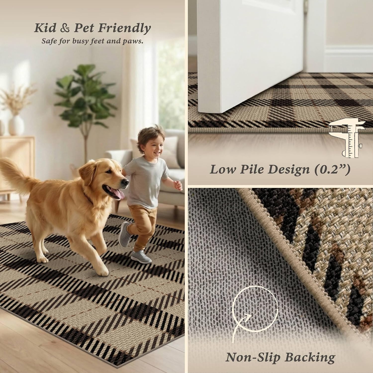 JTJ Outdoor Rug 3x5 for Front Porch, Washable Easy Jute Indoor Outdoor Rug, Non Slip Entryway Area Rug for Patio, Kitchen, Balcony, Farmhouse Black & Tan Plaid Rug