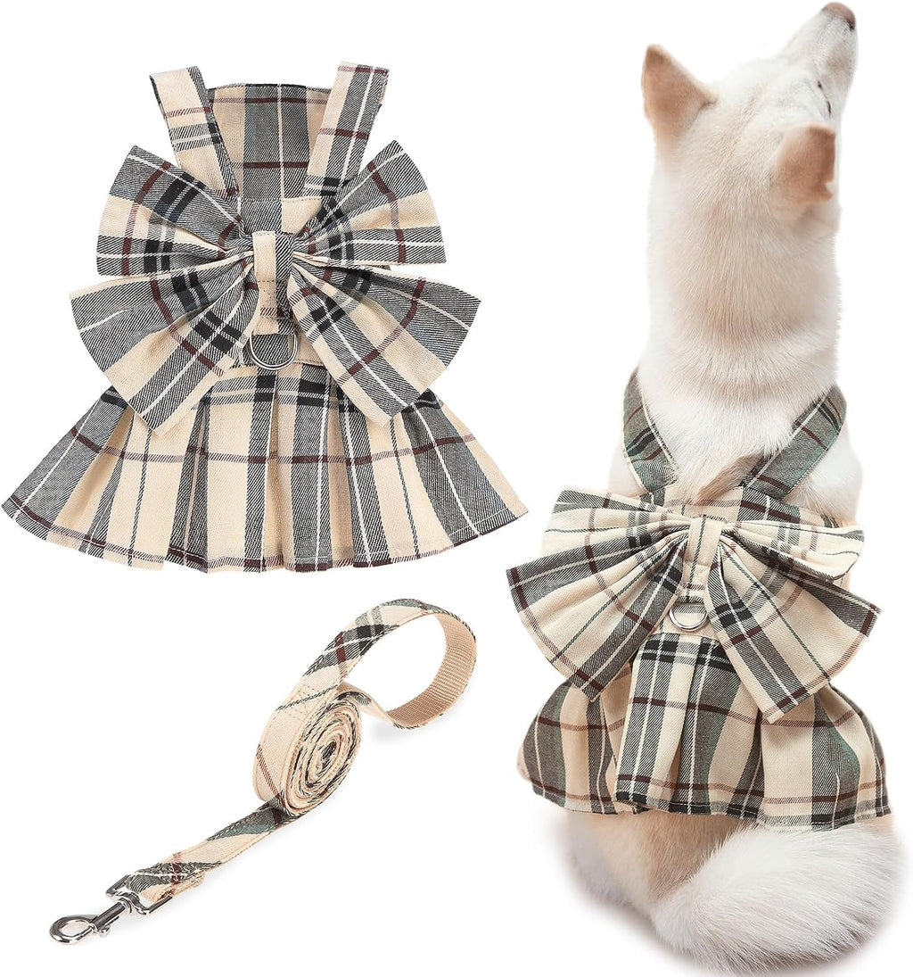 PUPTECK Classic Plaid Dog Dress with Bowknot Harness and Leash Set S