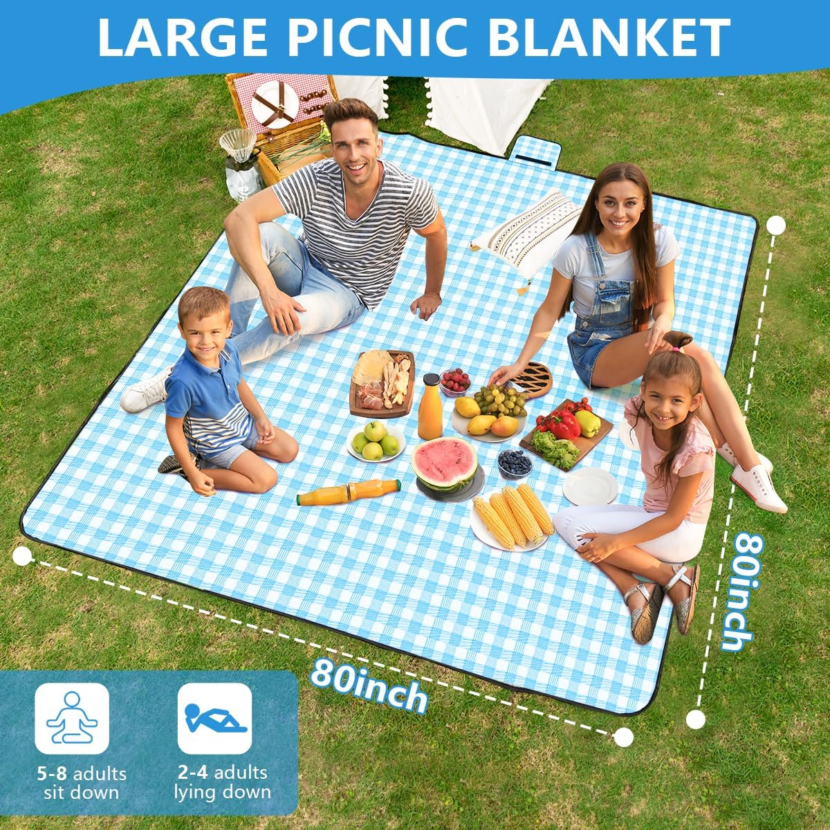OBTANIM Extra Large Picnic Blanket 80 x 80 Inch Waterproof Foldable Beach Blankets Outdoor Picnic Mat for Camping Grass Lawn Park Music Festival Party Accessories (Blue and White)