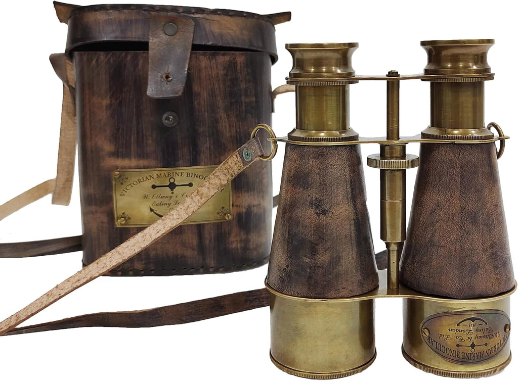 Brass Antique Binoculars, Grey, Brown Leather Strap