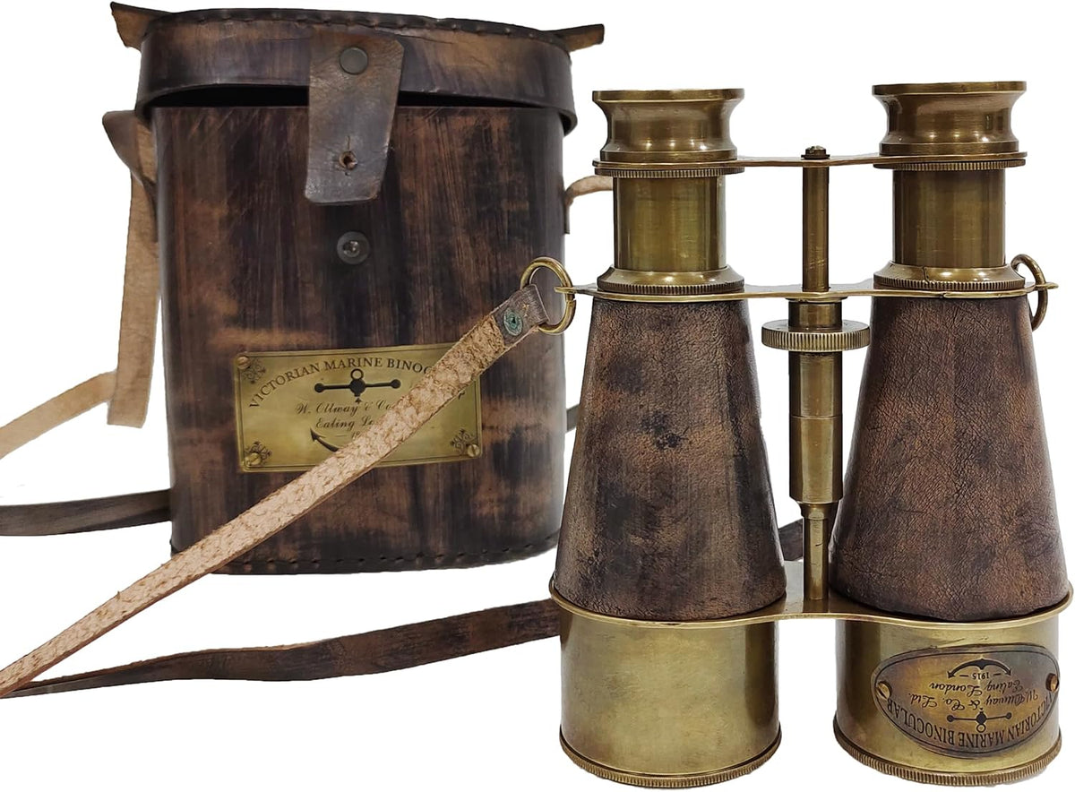 Brass Antique Binoculars, Grey, Brown Leather Strap