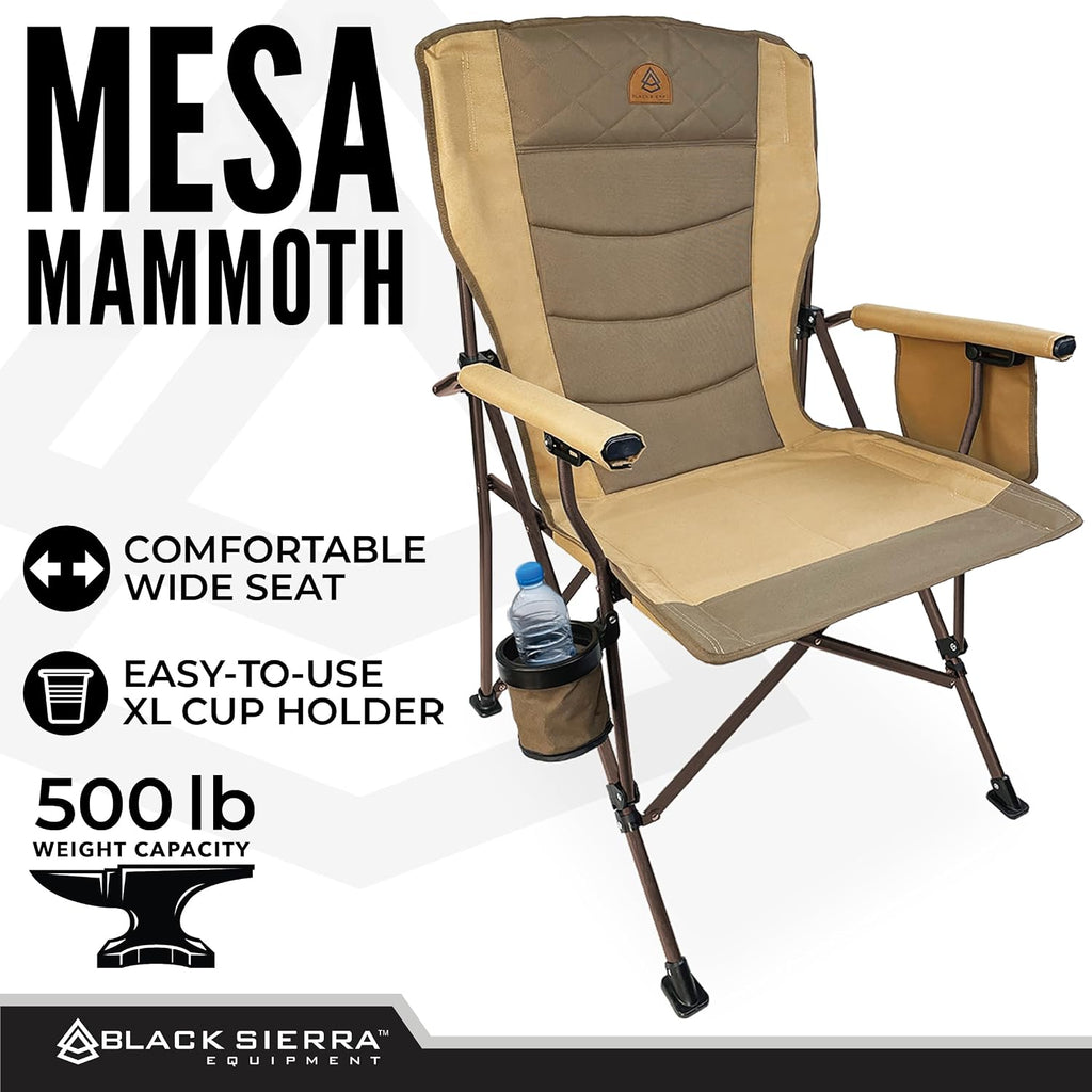 Black Sierra Oversize High Back Camping Chair for Adults, Supports 500 lbs, XL Heavy Duty Portable Folding Chair for Heavy People, Steel Frame Padded Outdoor Seat with Cup Holder and Carry Bag