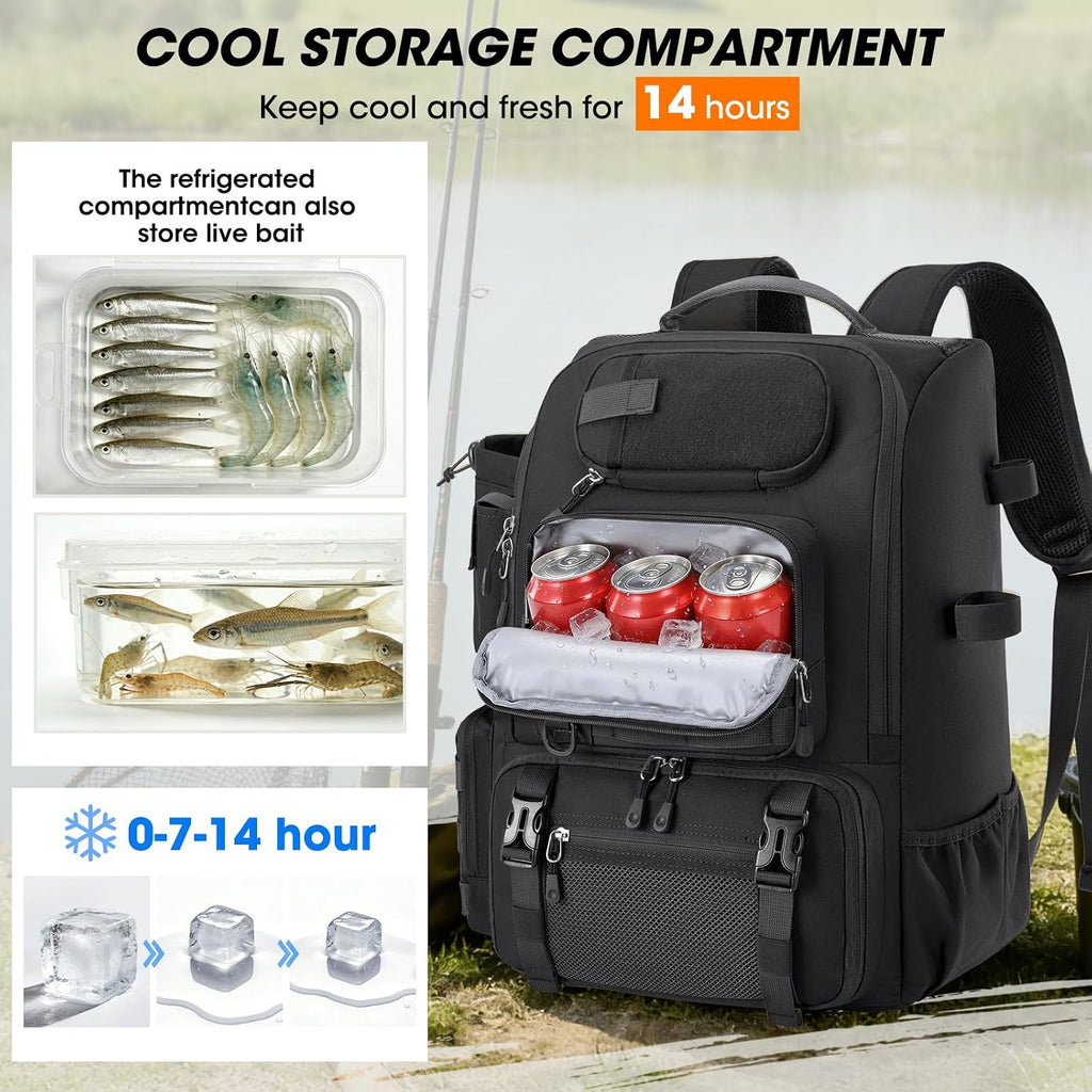 RAINSMORE Fishing Backpack 40L Tackle Backpack with Rod Holders & Cooler