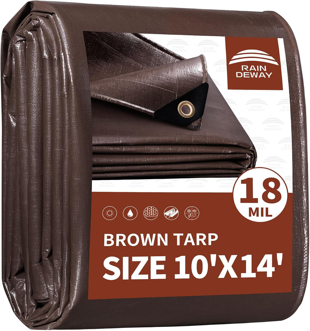 RAINDEWAY Tarp 10x14ft Brown Tarps Heavy Duty Waterproof 18Mil Extra Thick