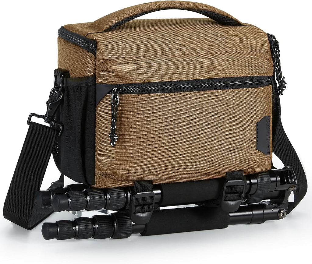 BAGSMART Camera Sling Bag with Tripod Holder & Rain Cover, Khaki