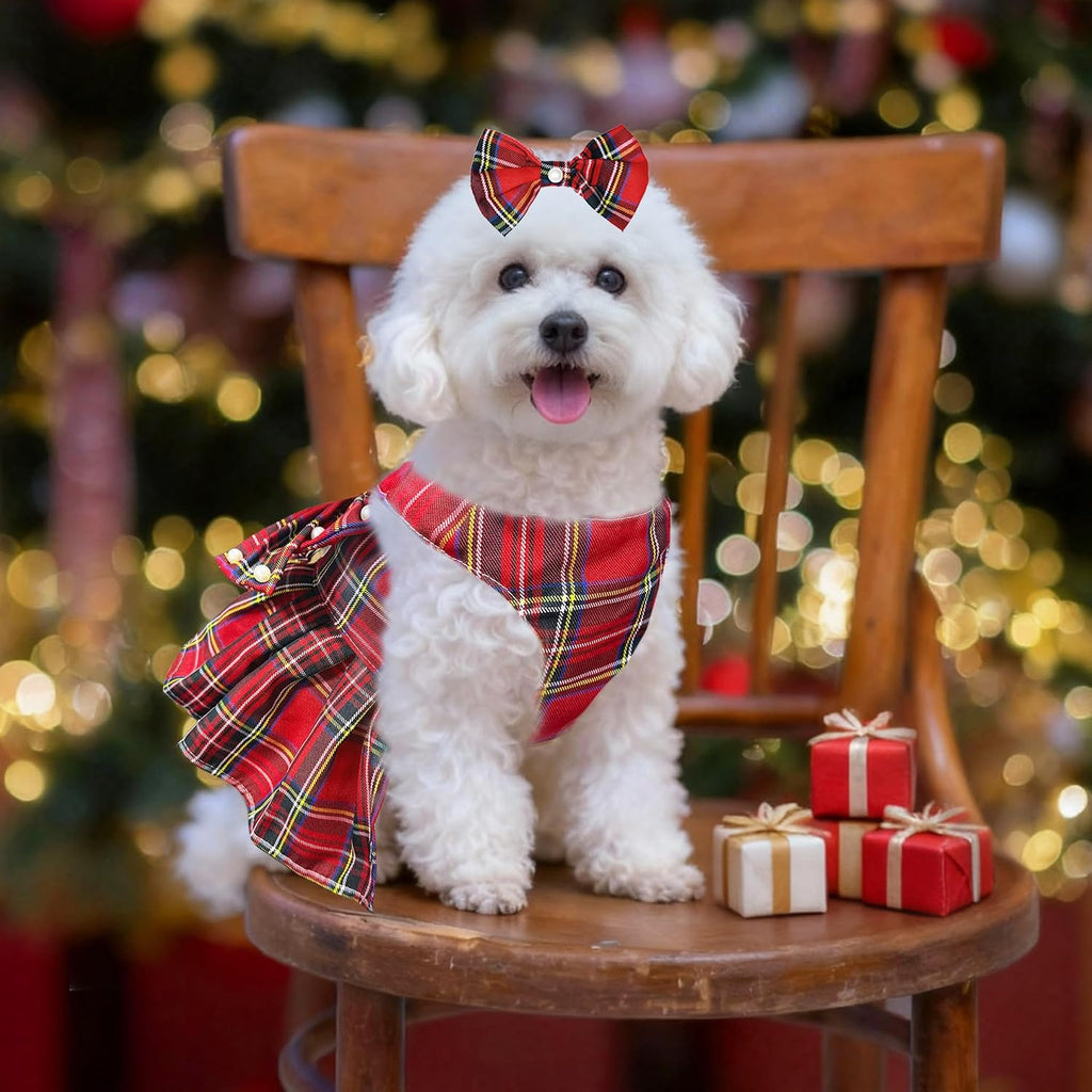 Dog Dress Bowknot Harness Leash Set for Small Dogs Girl Cute Plaid Dog Dress Pearls Bow Tie Spring Summer Princess Clothes Birthday Holiday Doggie Outfits for Puppy Cats Girl Apparel (Red, Small)