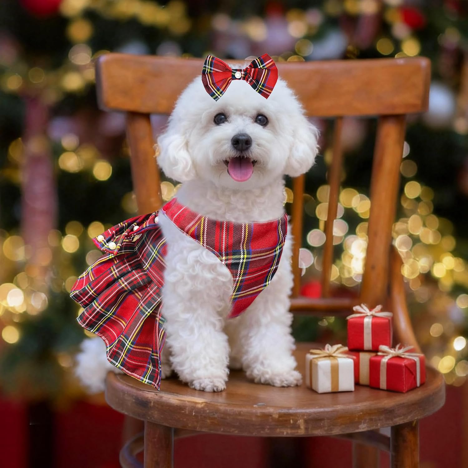 Dog Dress Bowknot Harness Leash Set for Small Dogs Girl Cute Plaid Dog Dress Pearls Bow Tie Spring Summer Princess Clothes Birthday Holiday Doggie Outfits for Puppy Cats Girl Apparel (Red, Small)