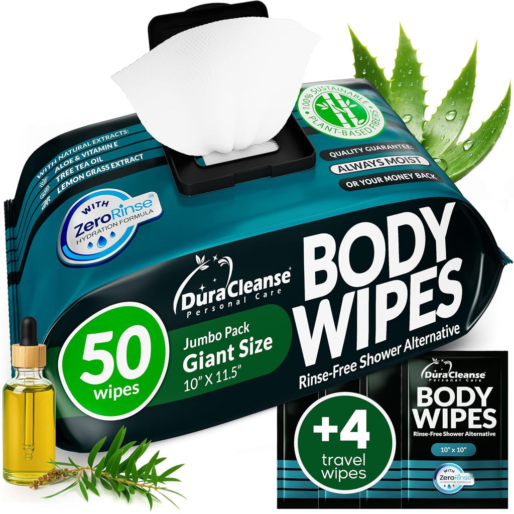 XL Body Wipes for Men - Max Clean - No Rinse Large Shower Wipes - 50 Ct + 4