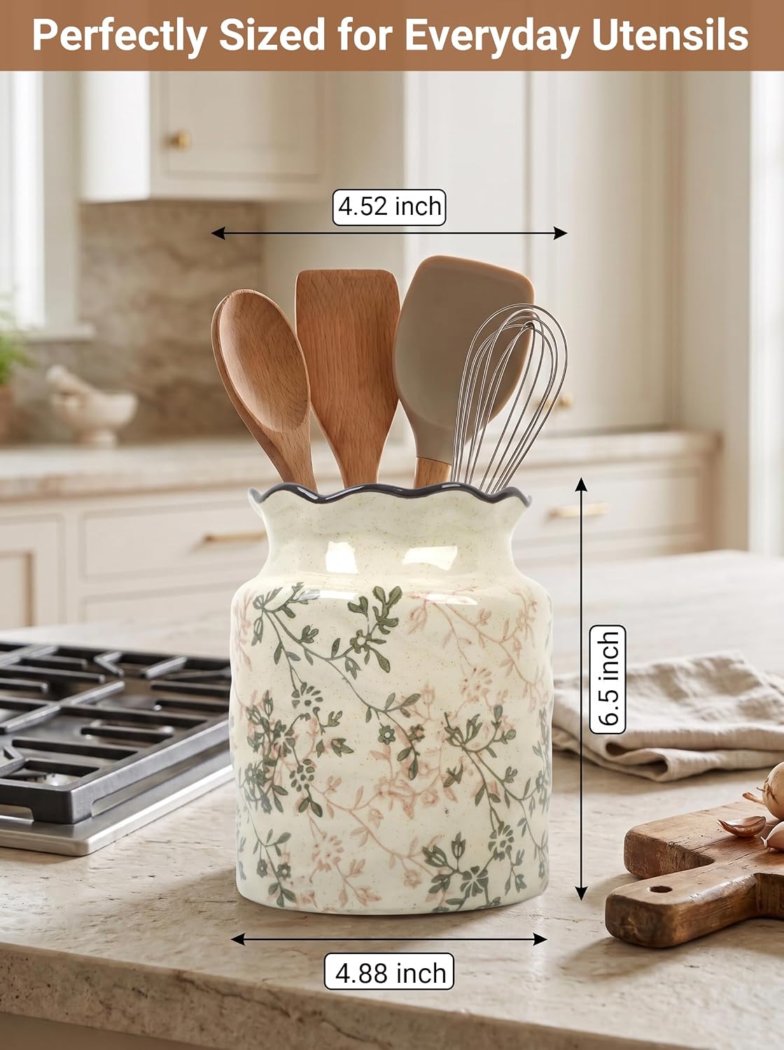 Ceramic Utensil Holder for Kitchen Counter, Vintage Floral Farmhouse Décor