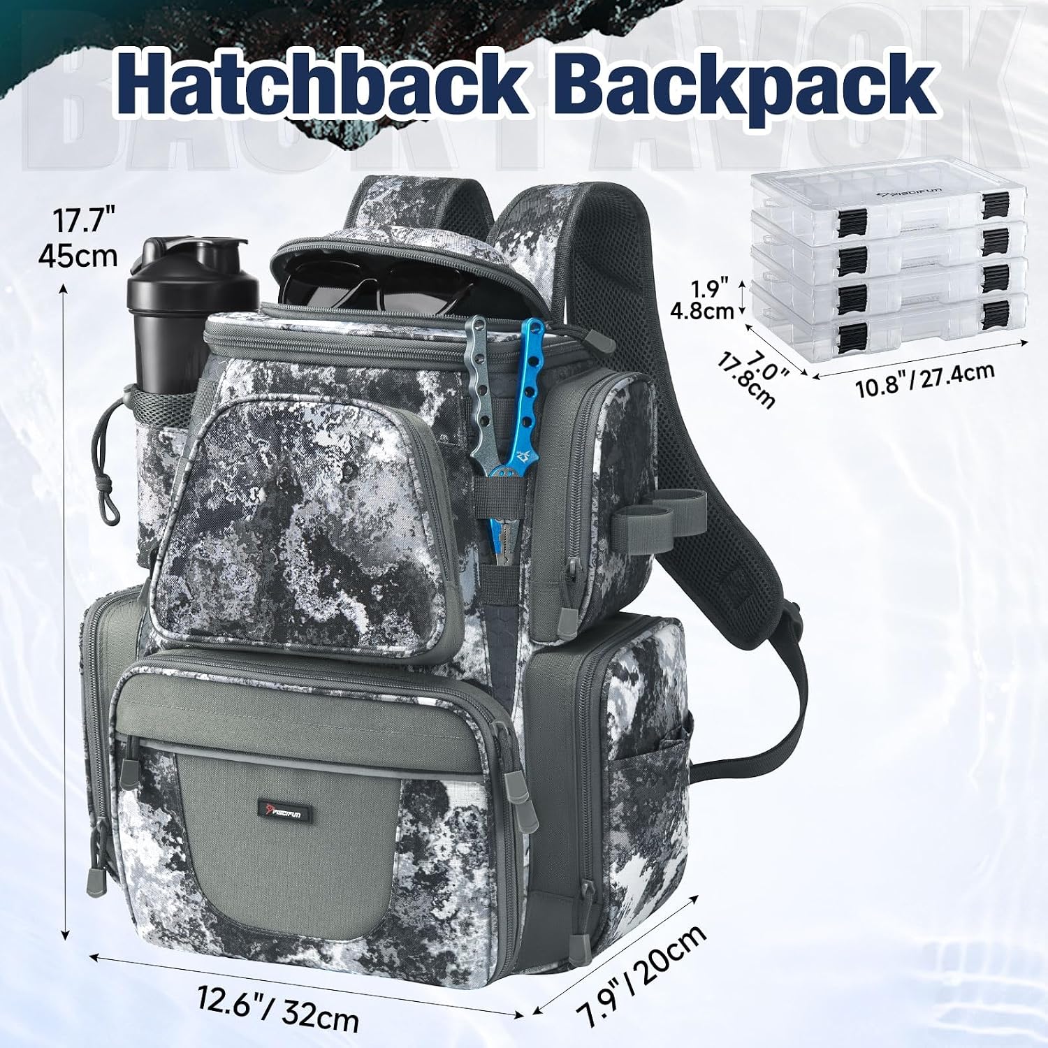 Piscifun Fishing Tackle Backpack with 2 Rod Holders, 4 Boxes & Rain Cover