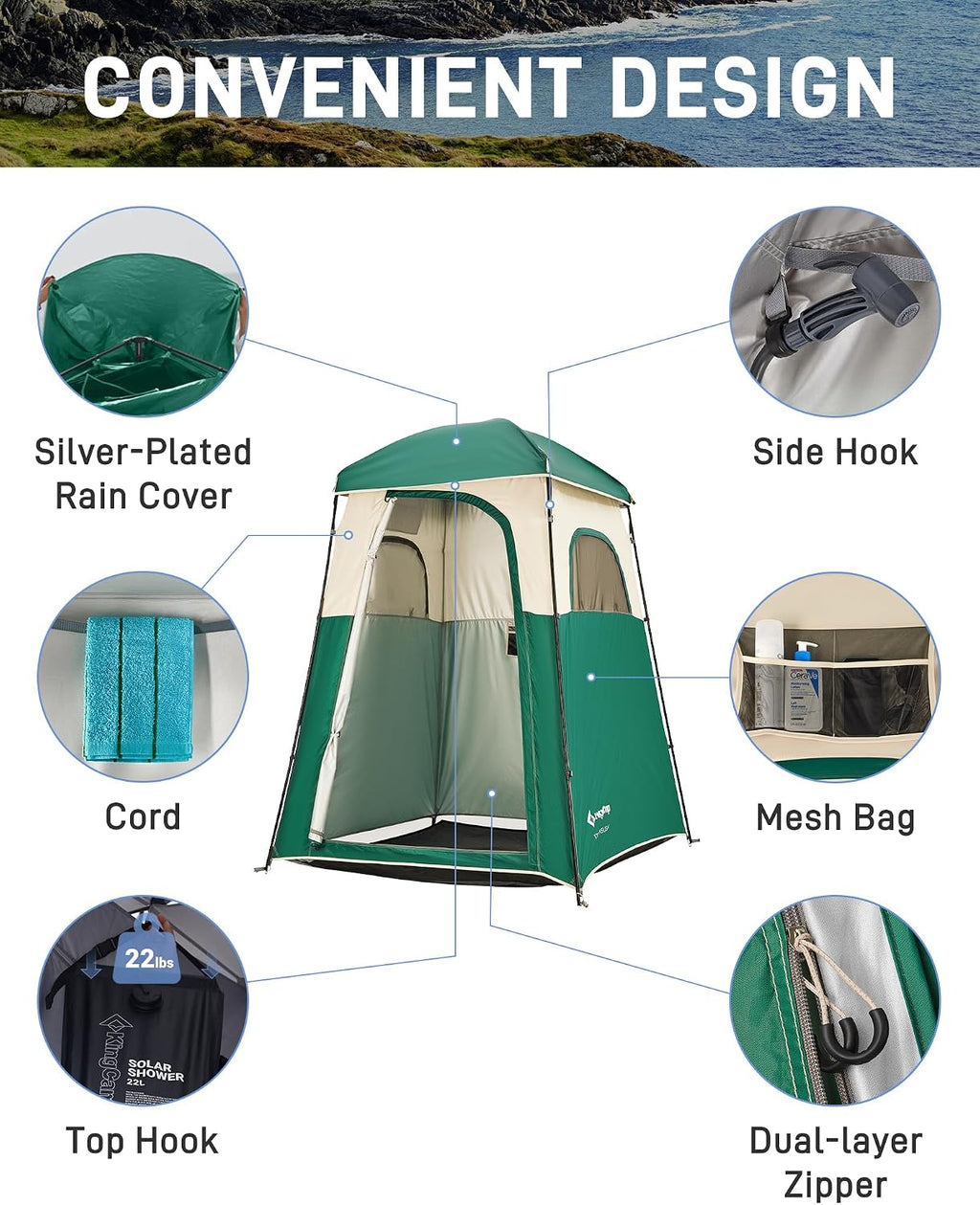 KingCamp Shower Tent, Portable Privacy Tent Outdoor Camping 1/2 Room Toilet Tents with Shower Bag & Dressing Room for Beach, Camping & Hiking