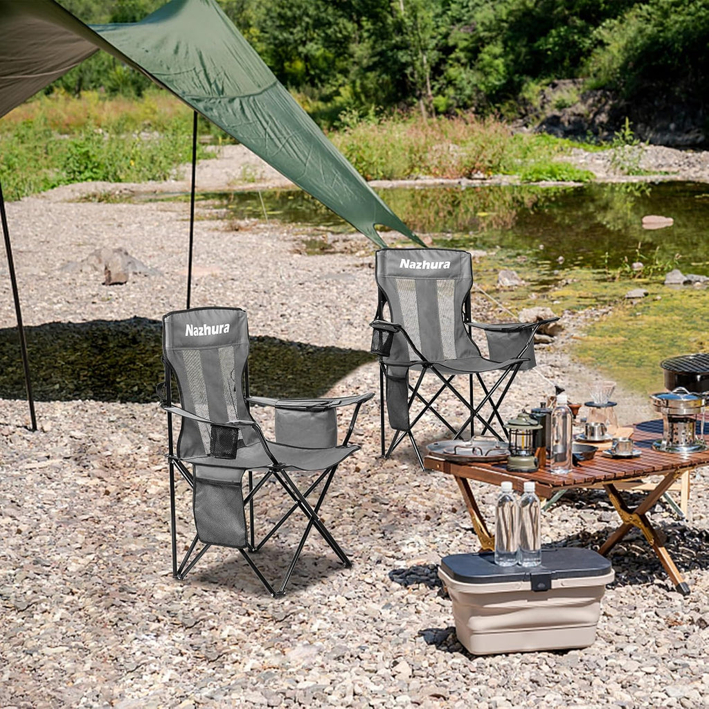 Nazhura 4 Pack Outdoor Camping Chairs Folding/Foldable/Portable with Cooler Pouch, Mesh Backrest and Cup Holder Pocket (Grey, Metal, 4 Pack)