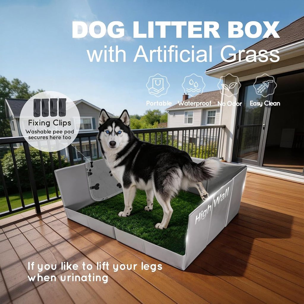 HQ4US 4LEGS Dog Litter Box High Walls Foldable with Grass Pad & Washable Pee Pad, Odor Free Artificial Grass for Dogs Potty Pad Holder Tray, Seamless, No Assembly, Waterproof, Easy Clean for Travel