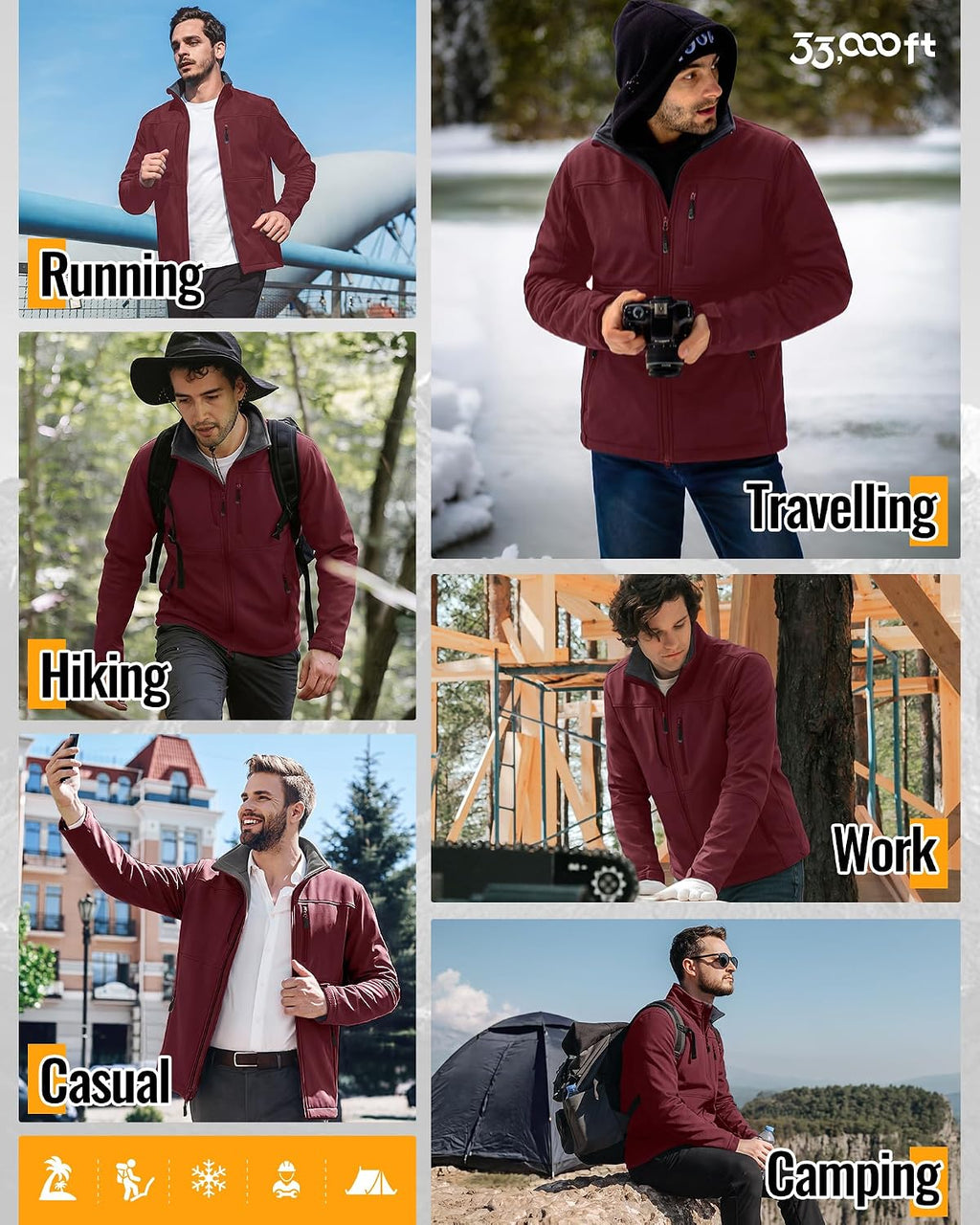 33,000ft Men's Lightweight Softshell Jacket Fleece Waterproof Windbreaker