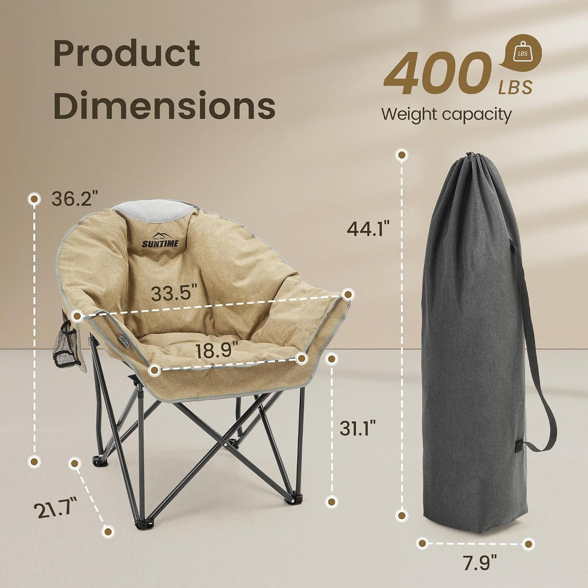 Oversized Padded Comfy Camping Chair for Adults, Portable Padded Lawn Chair, (2 Pack) (Beige)