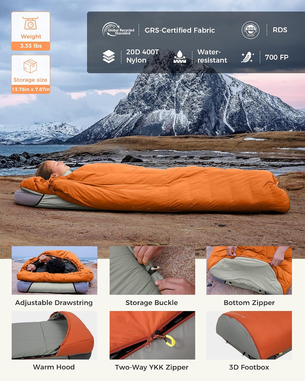 ATEPA Down Sleeping Bag, 650FP / 700FP Recycled, 3-Season