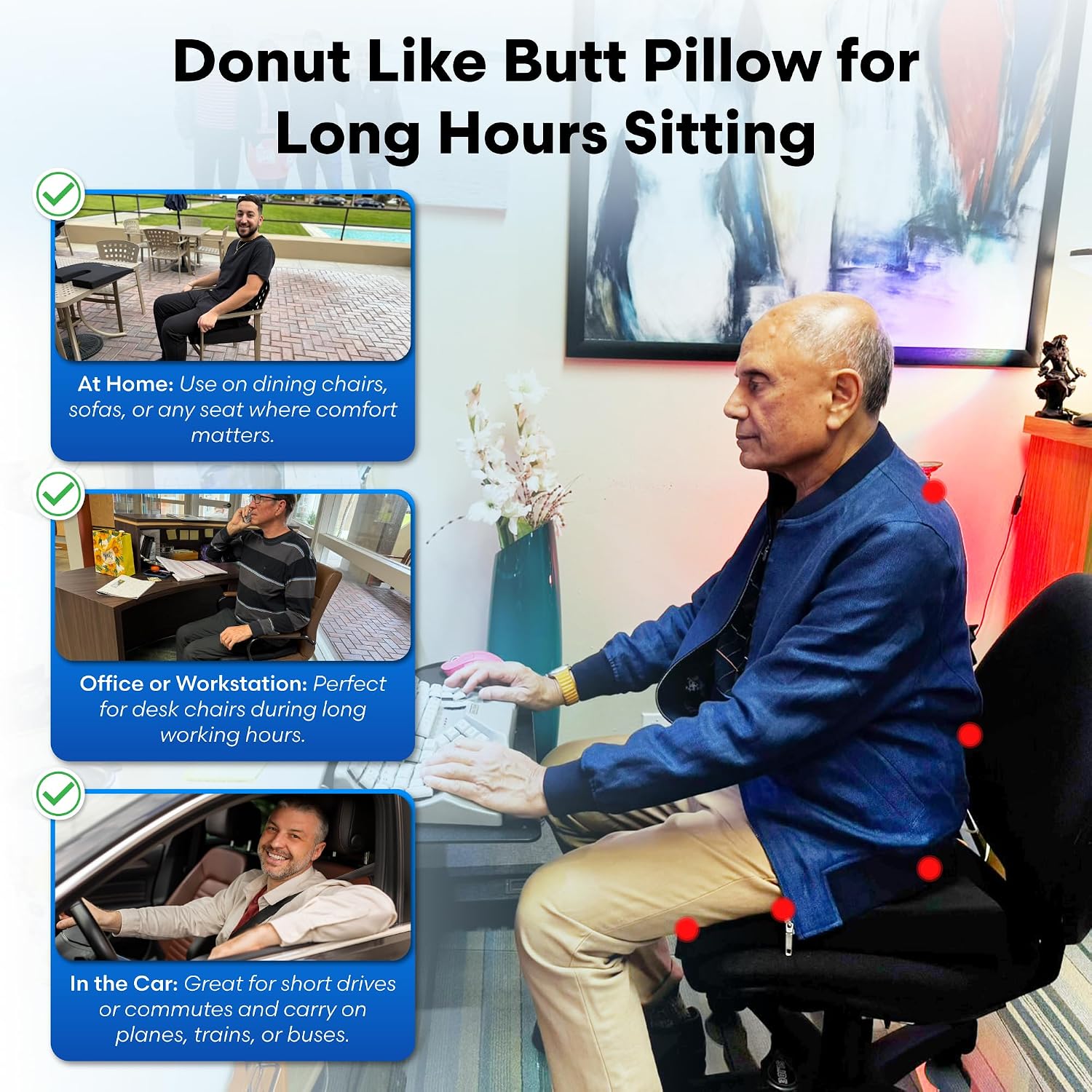 ERGO21 LiquiCell Coccyx Seat Cushion, Aid for Tailbone Pain Relief, Sciatica Pain, Back Support | Donut Like Butt Pillow for Long Hours Sitting at Home/Office Chair (20" W x 18" L x 3.5" H)
